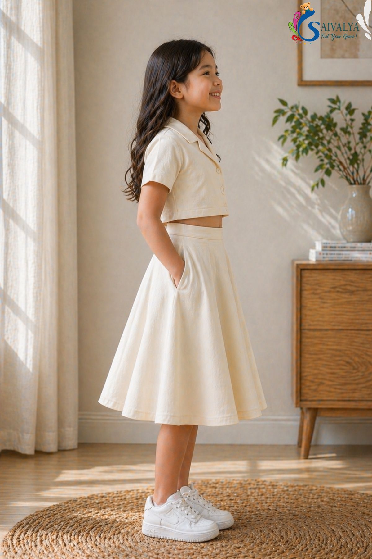 White Slub Cotton Crop Top And Flary Skirt Set For Girls