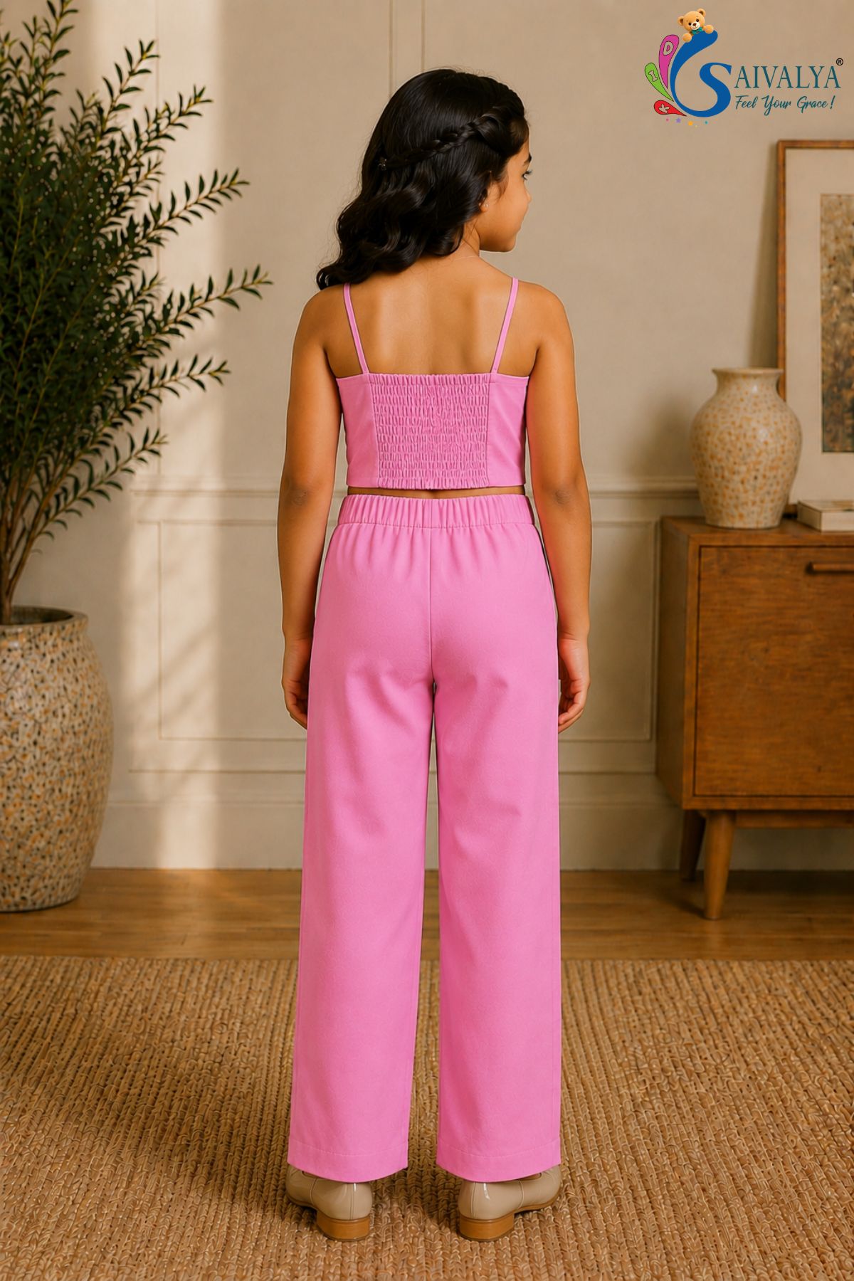 Pink Cotton Satin 3 Piece Co Ord Set (Jacket, Crop Top And Pants) For Girls