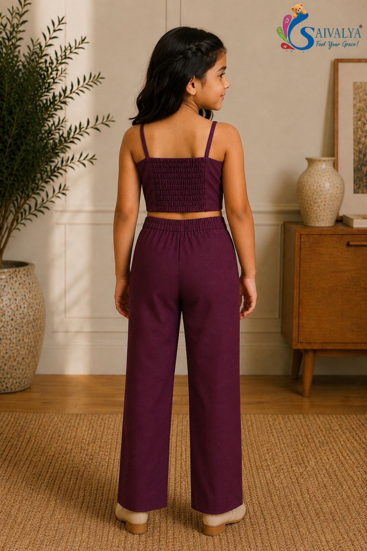 Wine Cotton Satin 3 Piece Co Ord Set (Jacket, Crop Top And Pants) For Girls