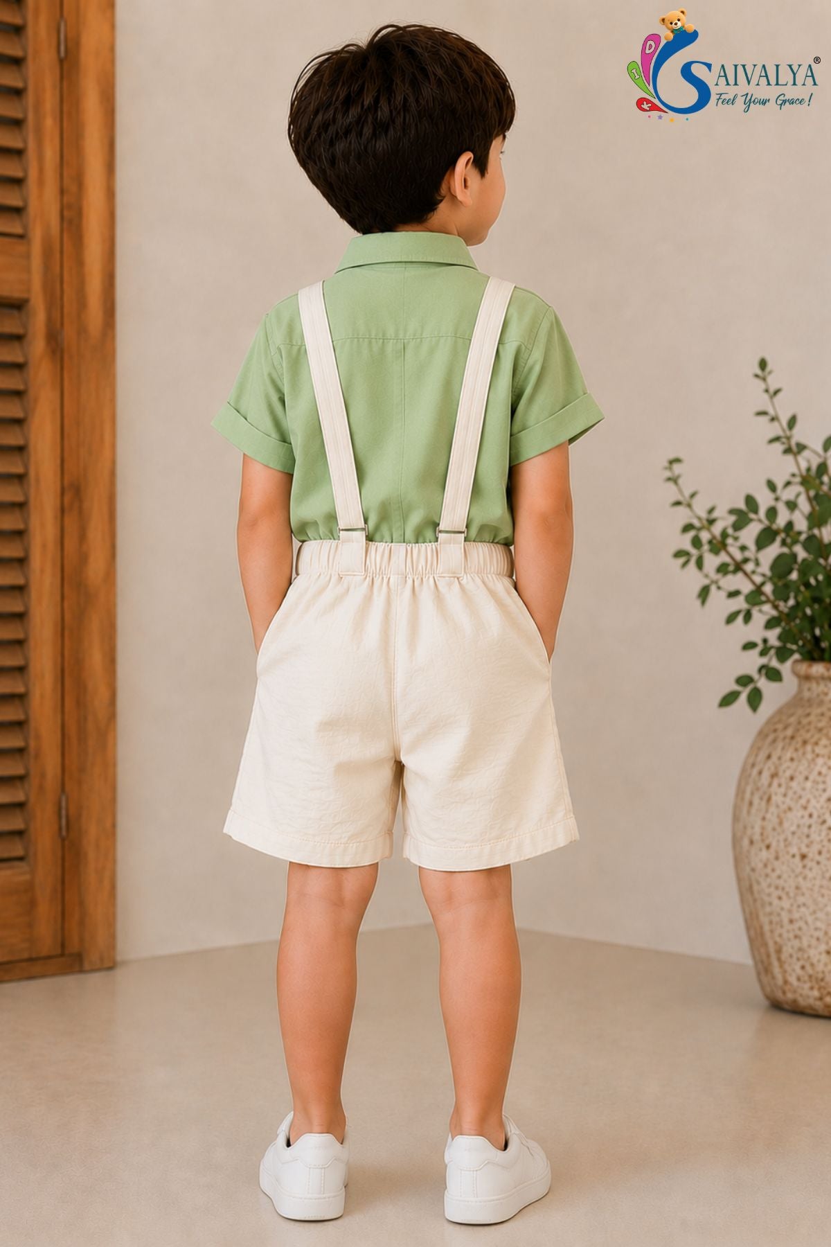 Pistachio Green Suspenders Cotton Set for Boys