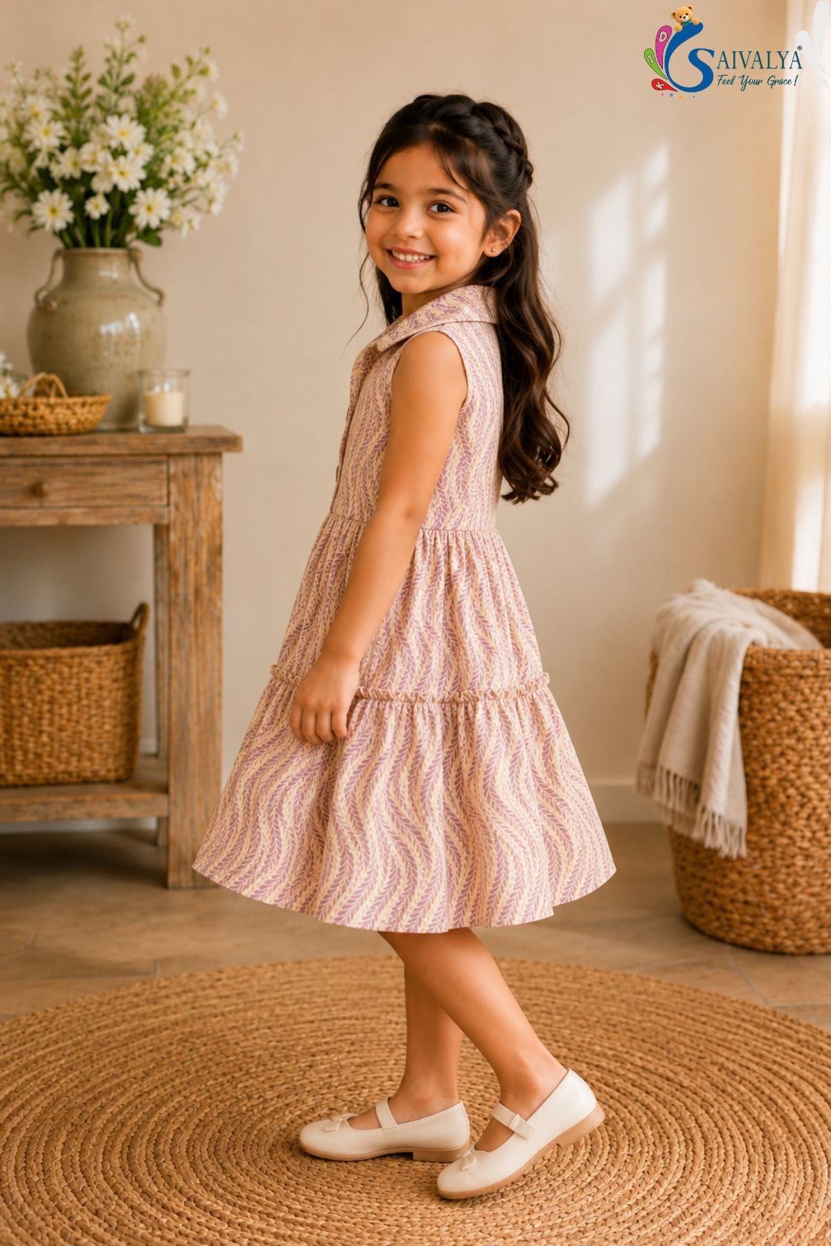 Wheat-Weave Mulmul Tiered Dress - Dusty Pink