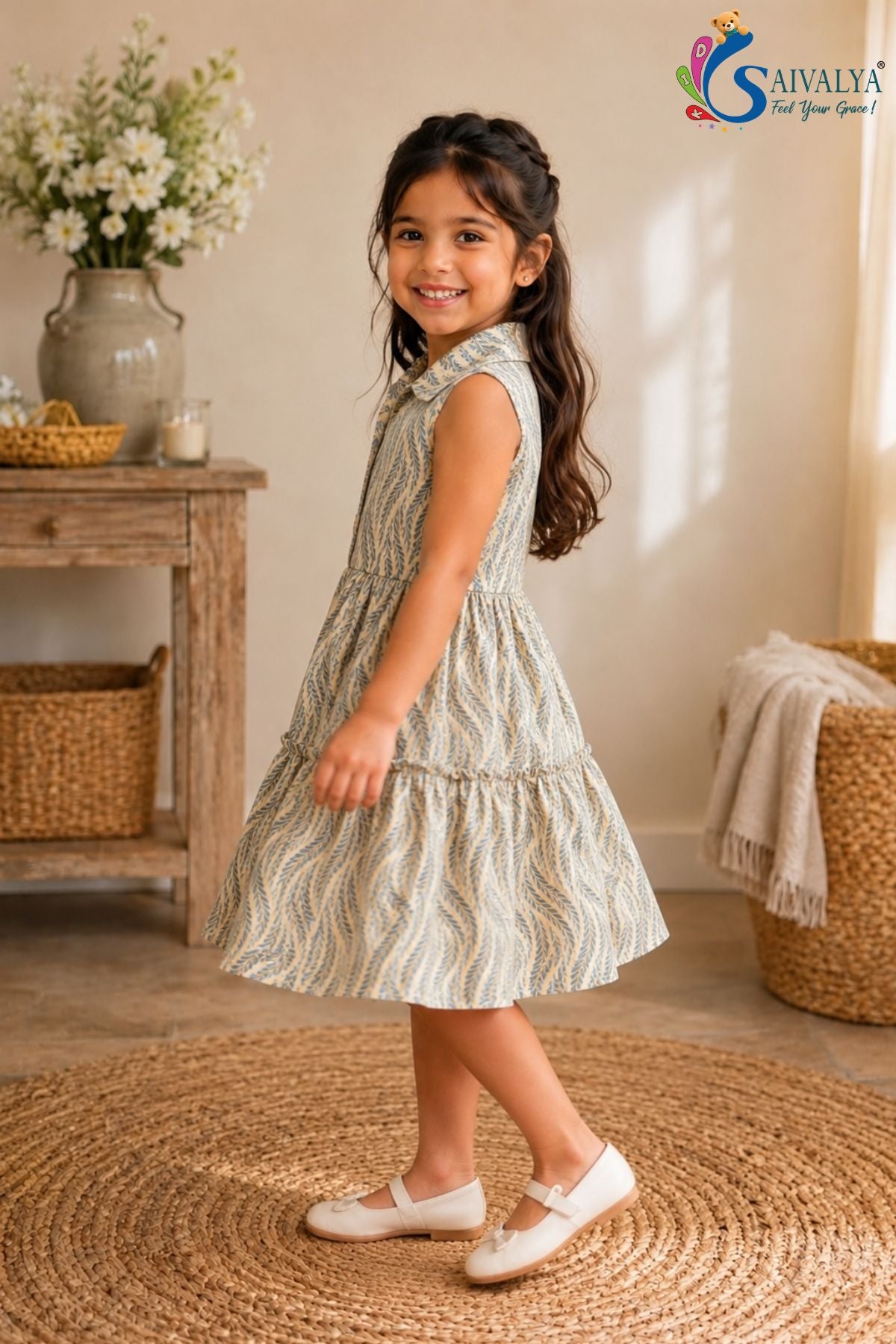 Wheat-Weave Mulmul Tiered Dress - Gray