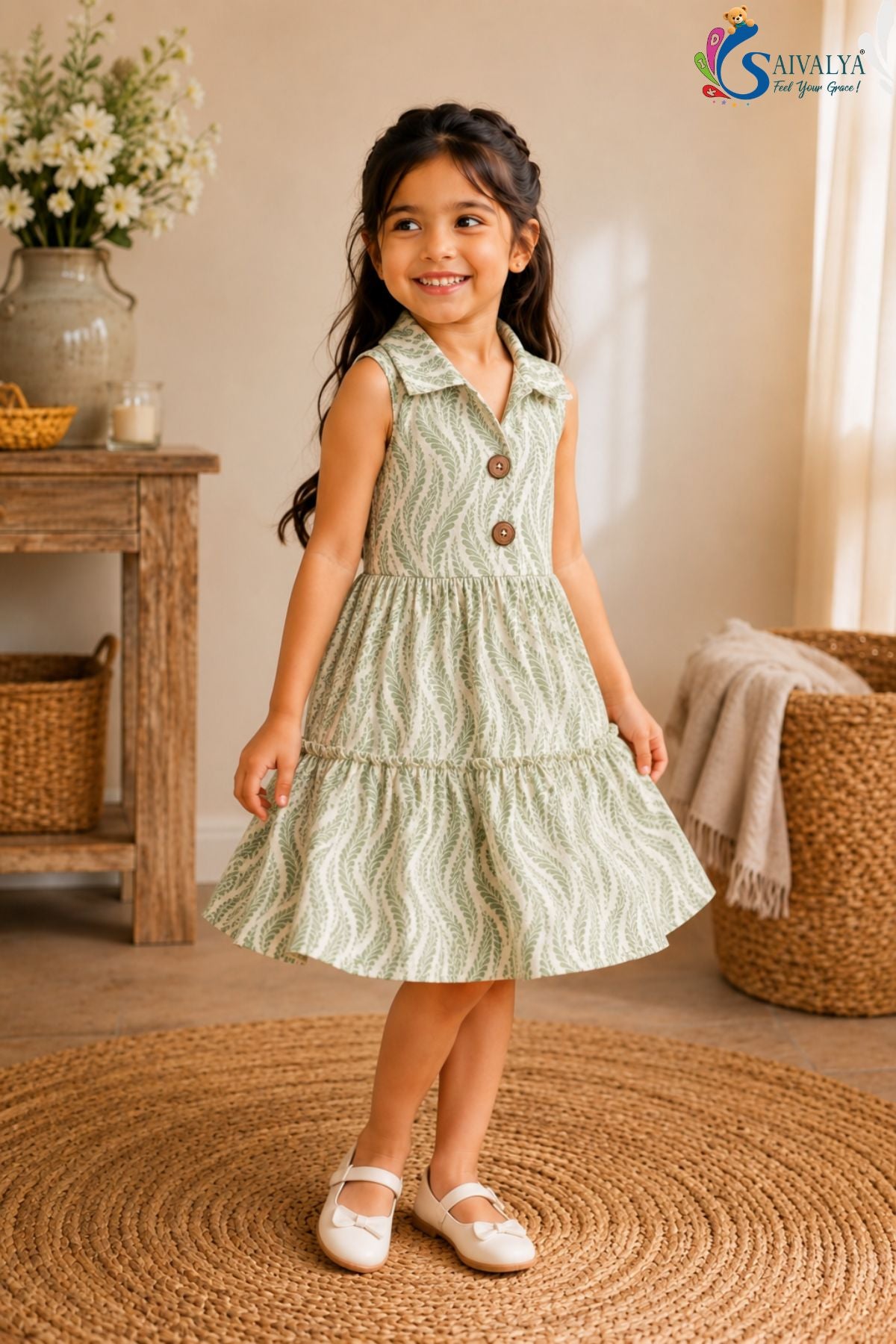 Wheat-Weave Mulmul Tiered Dress - Light Green