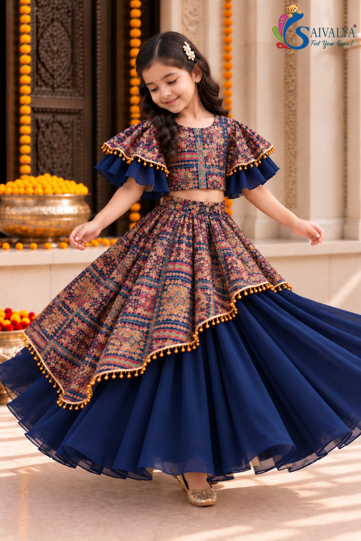 Midnight Blue Kalamkari Asymmetric Georgette Lehenga Set