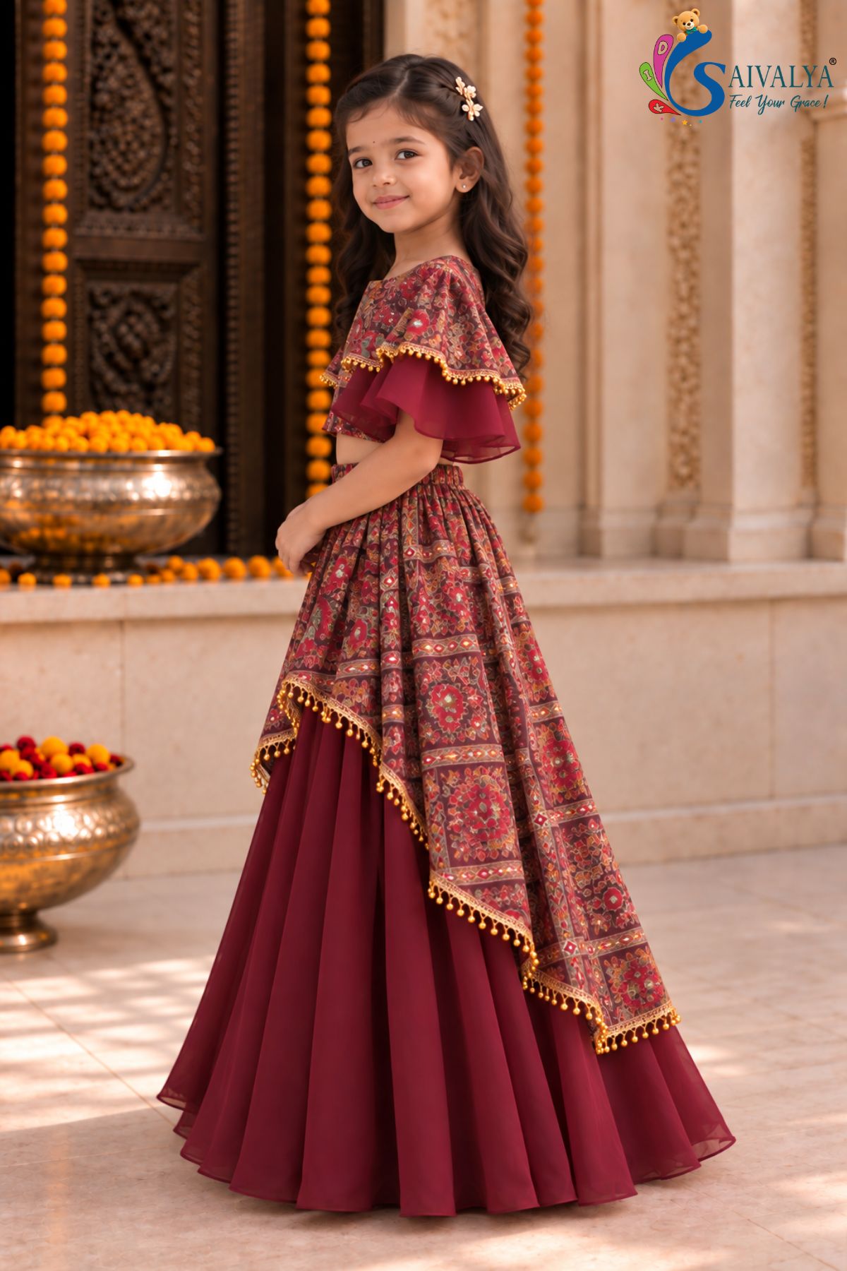 Plum Kalamkari Asymmetric Georgette Lehenga Set