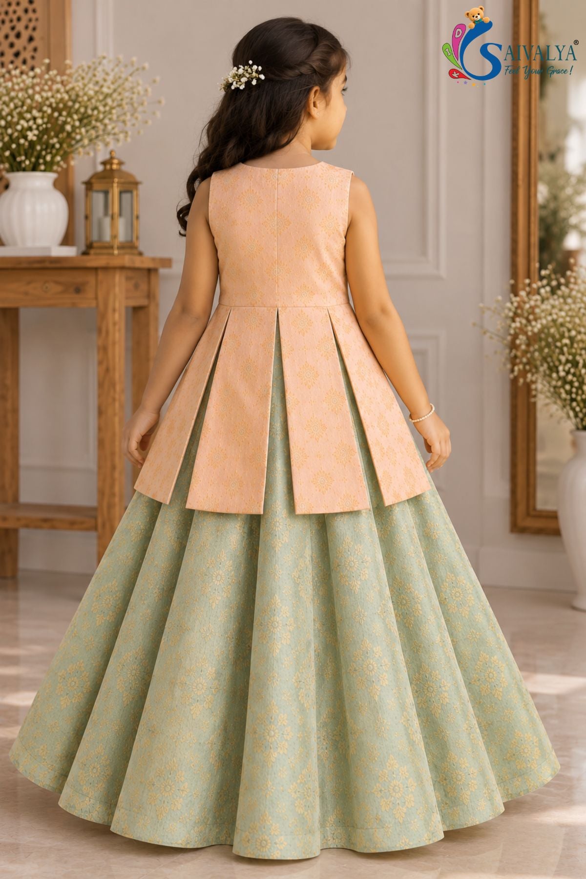 Peach Peplum Top with Pista Green Circular Brocade Skirt Set