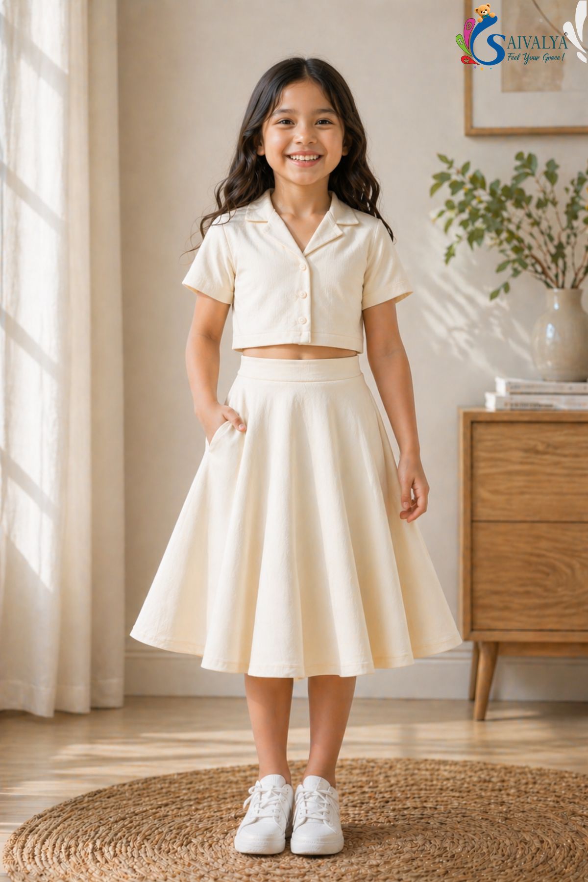White Slub Cotton Crop Top And Flary Skirt Set For Girls