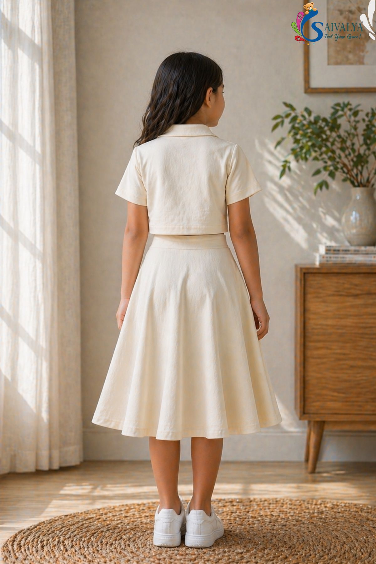 White Slub Cotton Crop Top And Flary Skirt Set For Girls