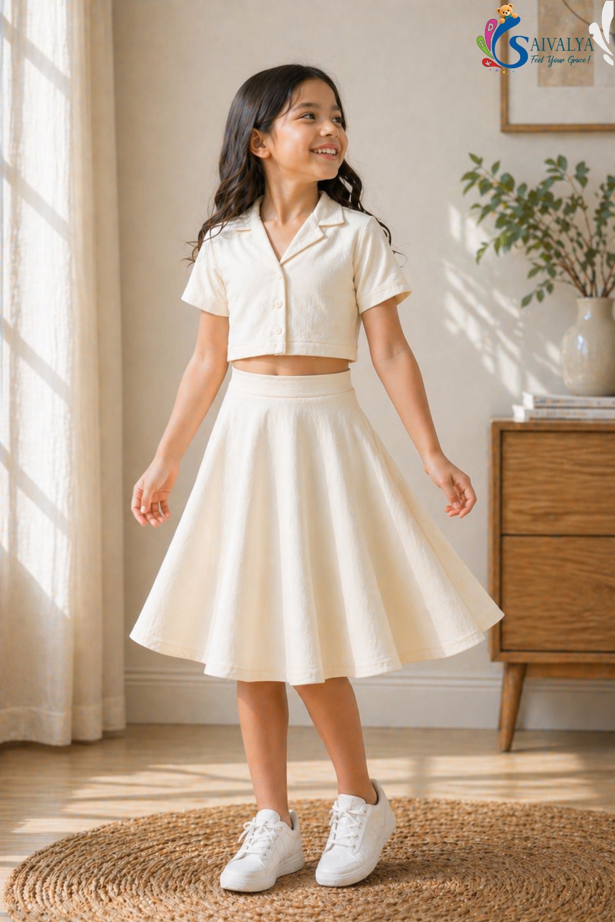 White Slub Cotton Crop Top And Flary Skirt Set For Girls
