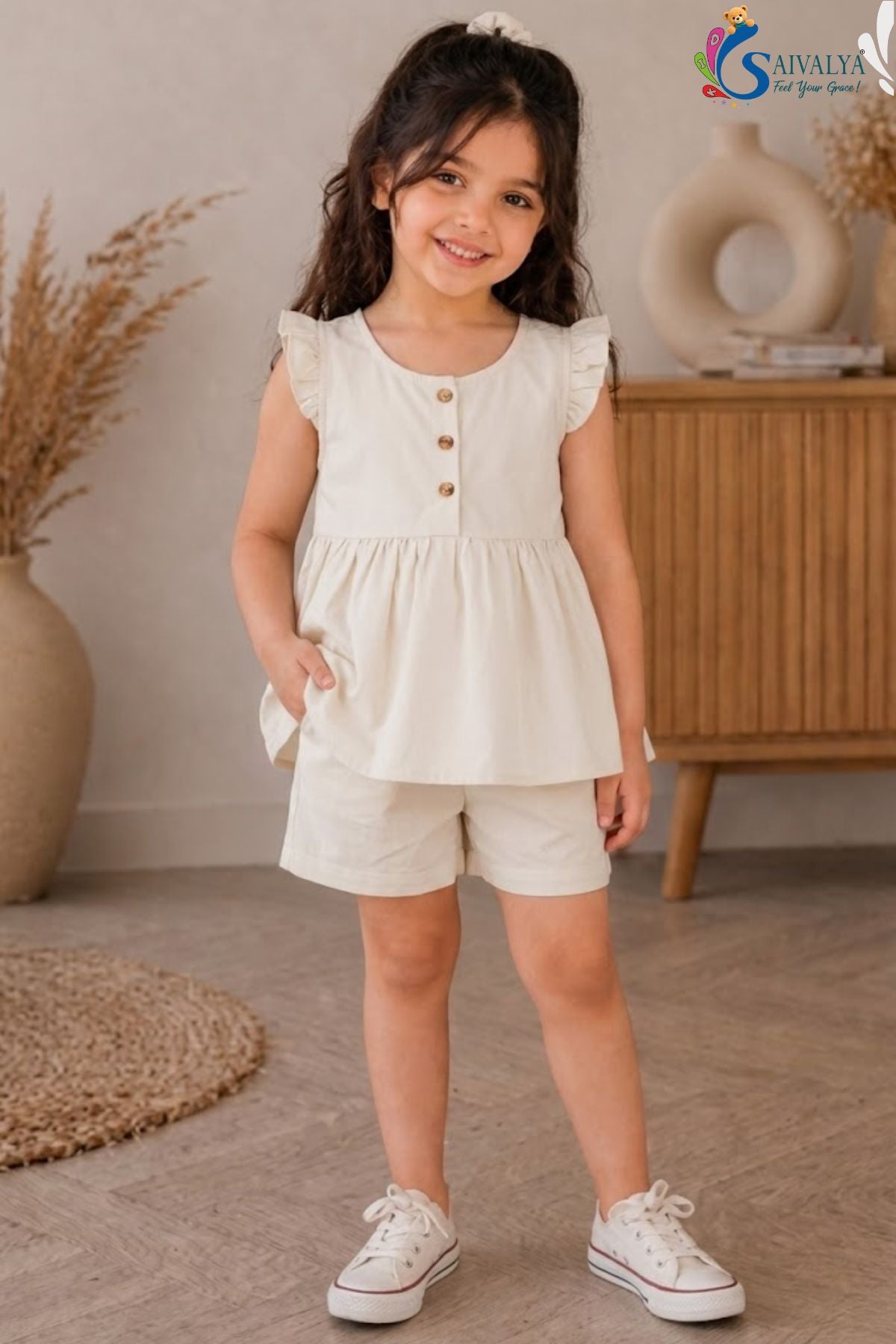 White Pure Cotton Top And Shorts Co Ord Set For Girls