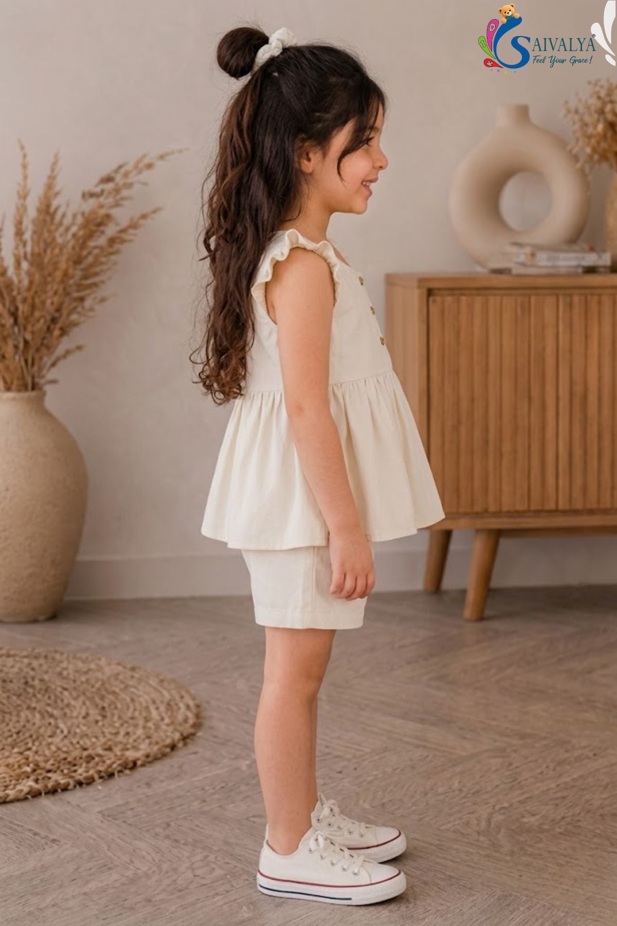 White Pure Cotton Top And Shorts Co Ord Set For Girls