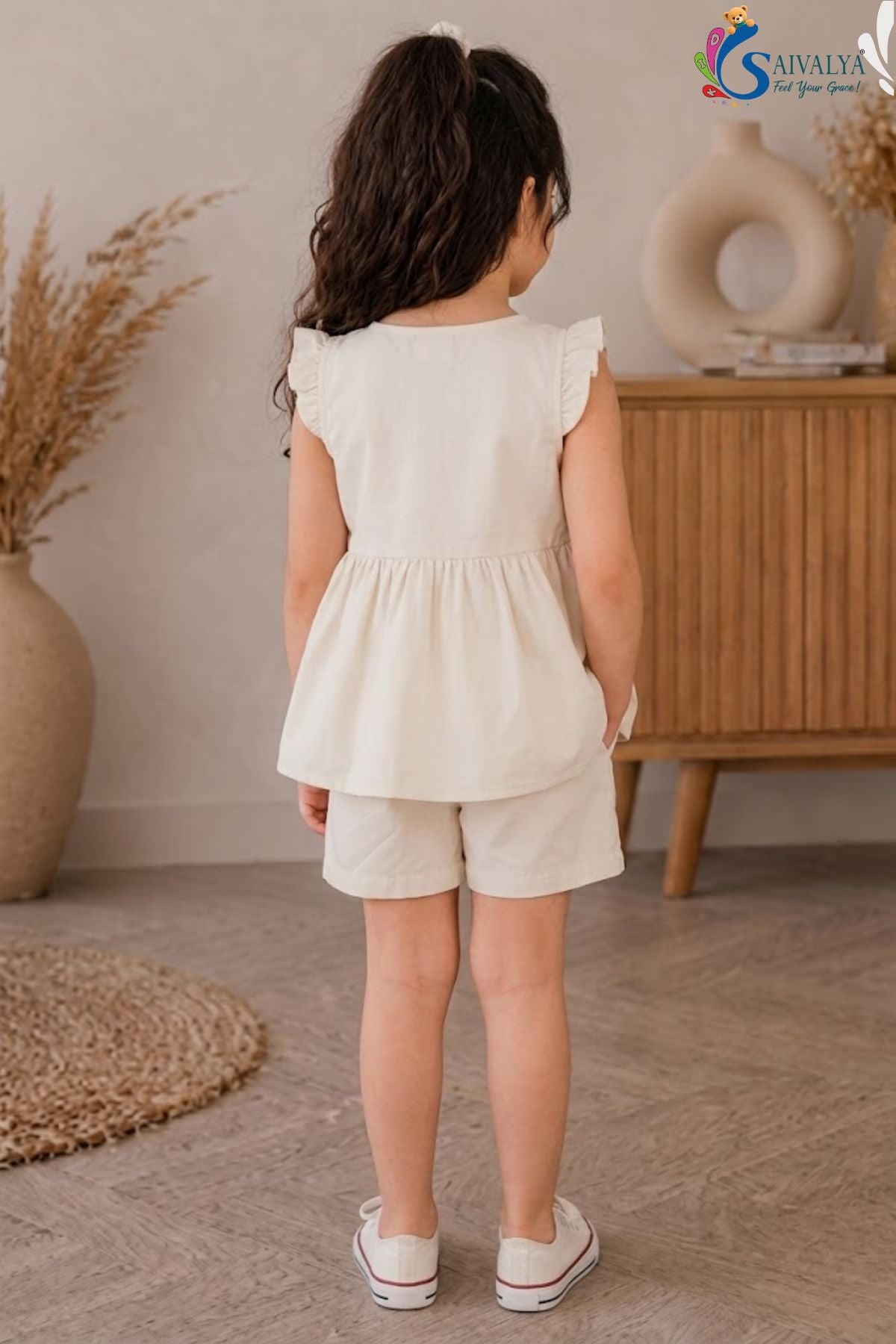 White Pure Cotton Top And Shorts Co Ord Set For Girls