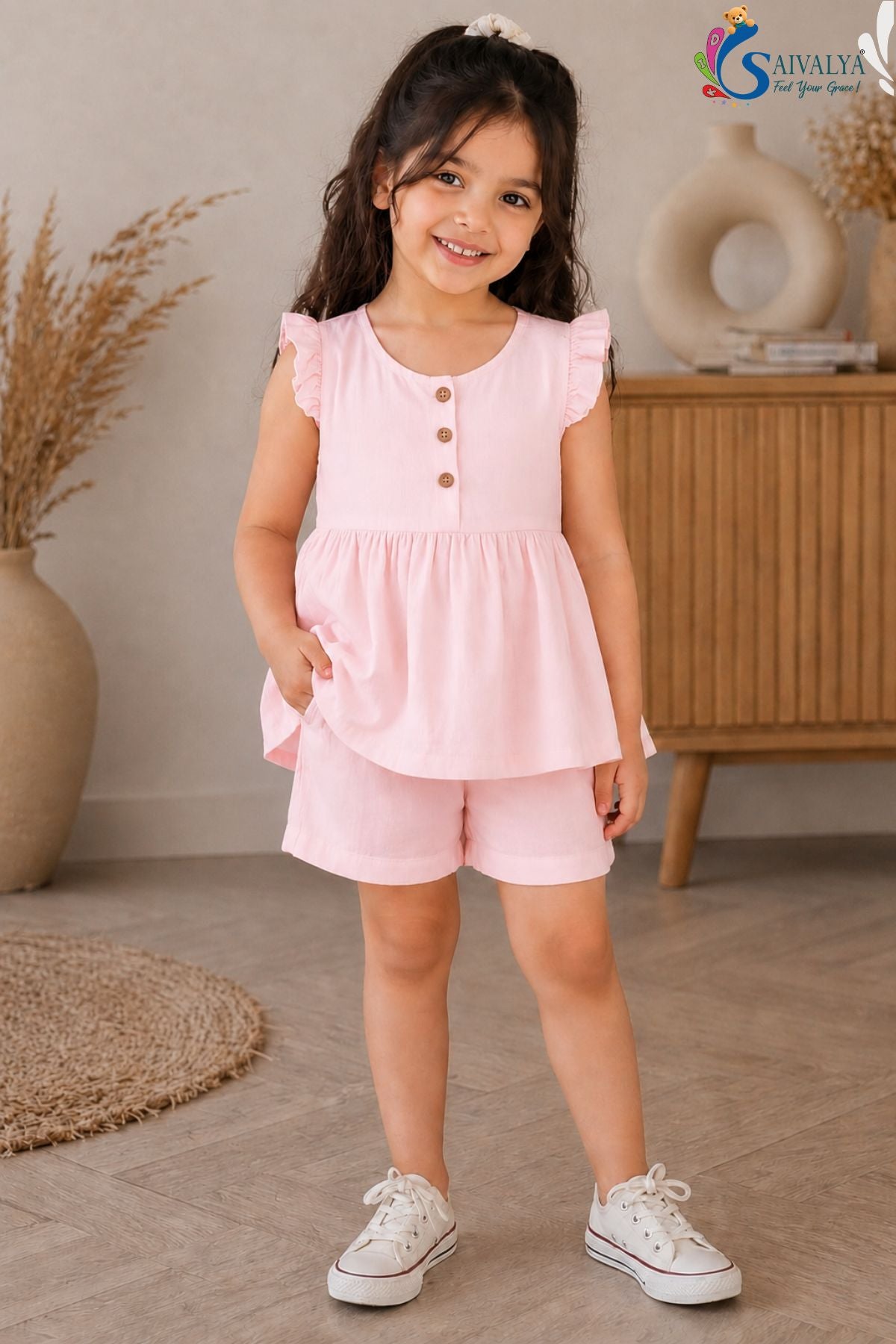 Baby Pink Soft Pure Mul Cotton Co Ord Set for Girls