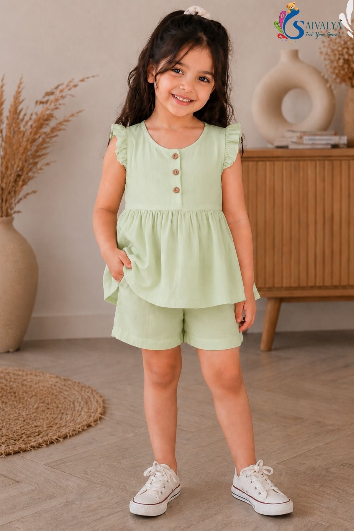 Mint Green Soft Pure Mul Cotton Co Ord Set for Girls