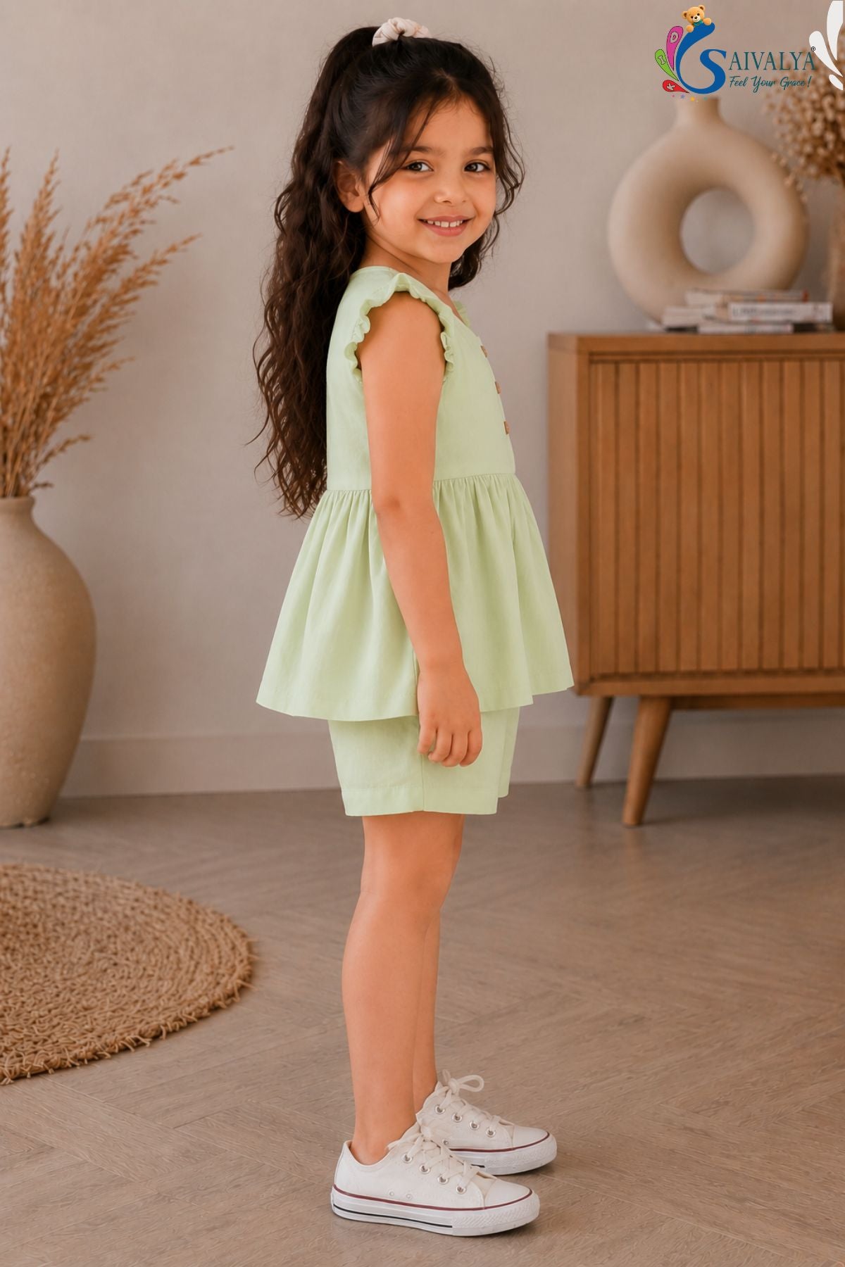 Mint Green Soft Pure Mul Cotton Co Ord Set for Girls