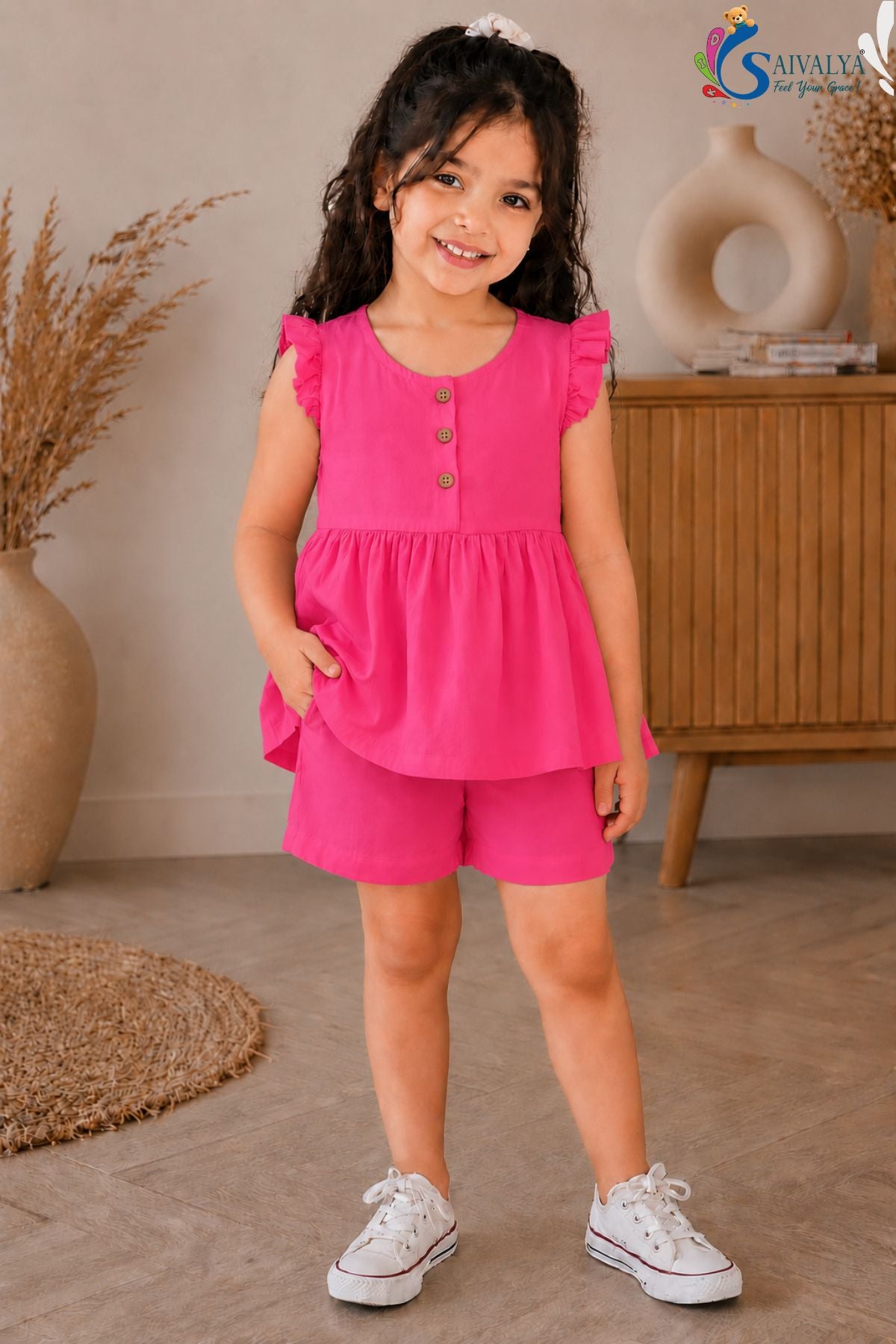 Rani Pink Soft Pure Mul Cotton Co Ord Set for Girls