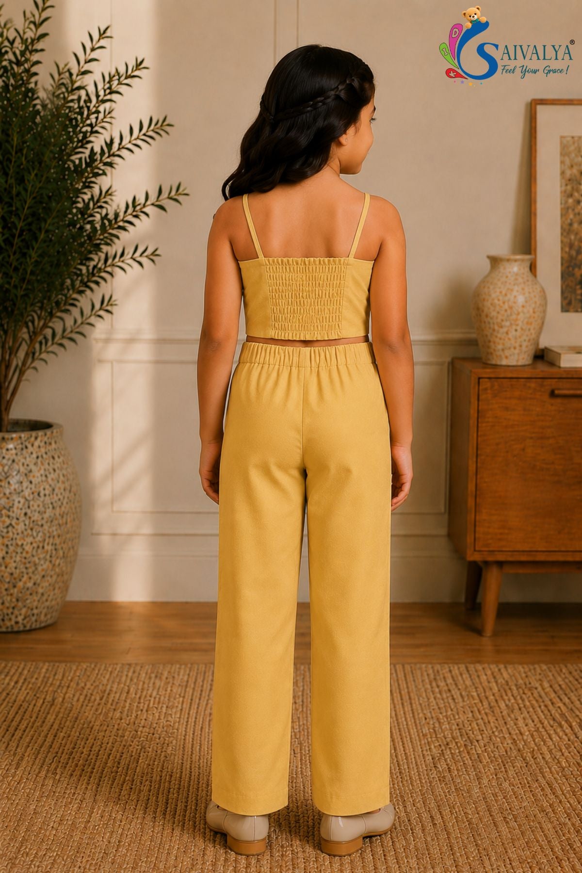 Mustard Yellow Cotton Satin 3 Piece Co Ord Set (Jacket, Crop Top And Pants) For Girls