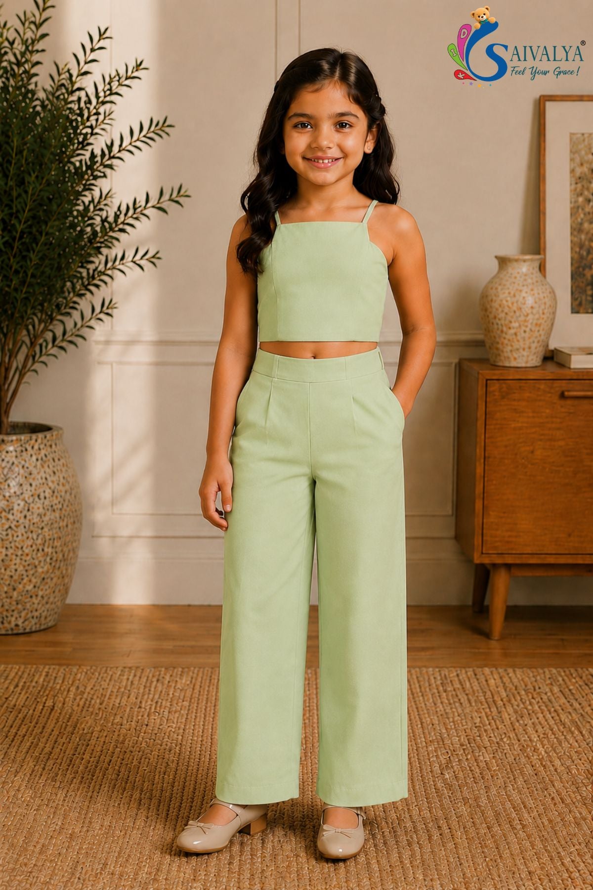 Pastel Pistachio Cotton Satin 3 Piece Co Ord Set (Jacket, Crop Top And Pants) For Girls