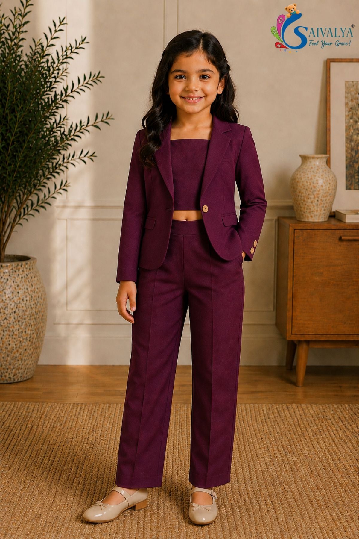 Wine Cotton Satin 3 Piece Co Ord Set (Jacket, Crop Top And Pants) For Girls