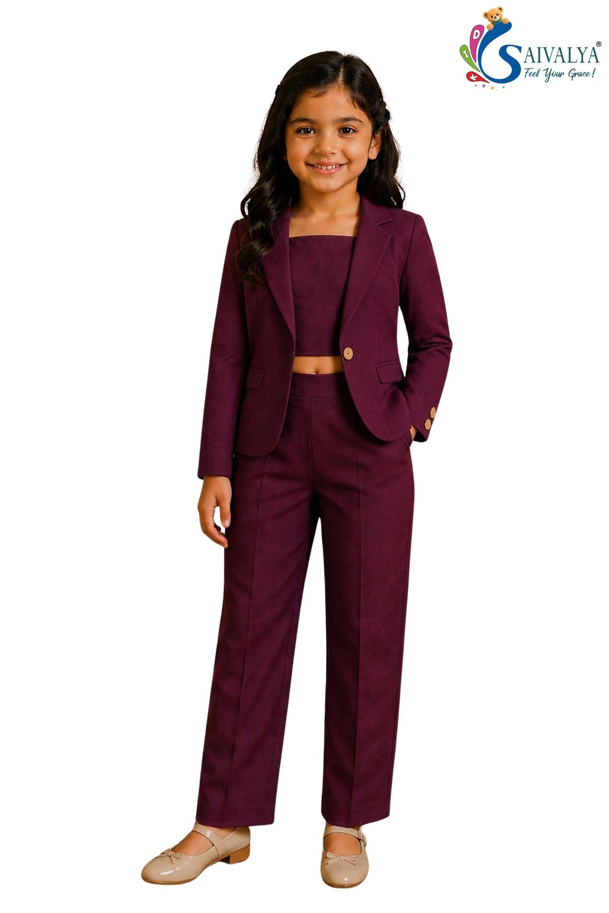 Wine Cotton Satin 3 Piece Co Ord Set (Jacket, Crop Top And Pants) For Girls