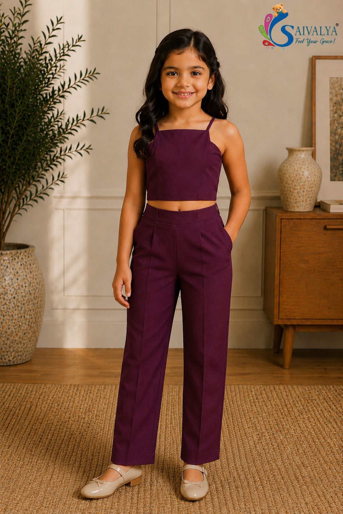 Wine Cotton Satin 3 Piece Co Ord Set (Jacket, Crop Top And Pants) For Girls