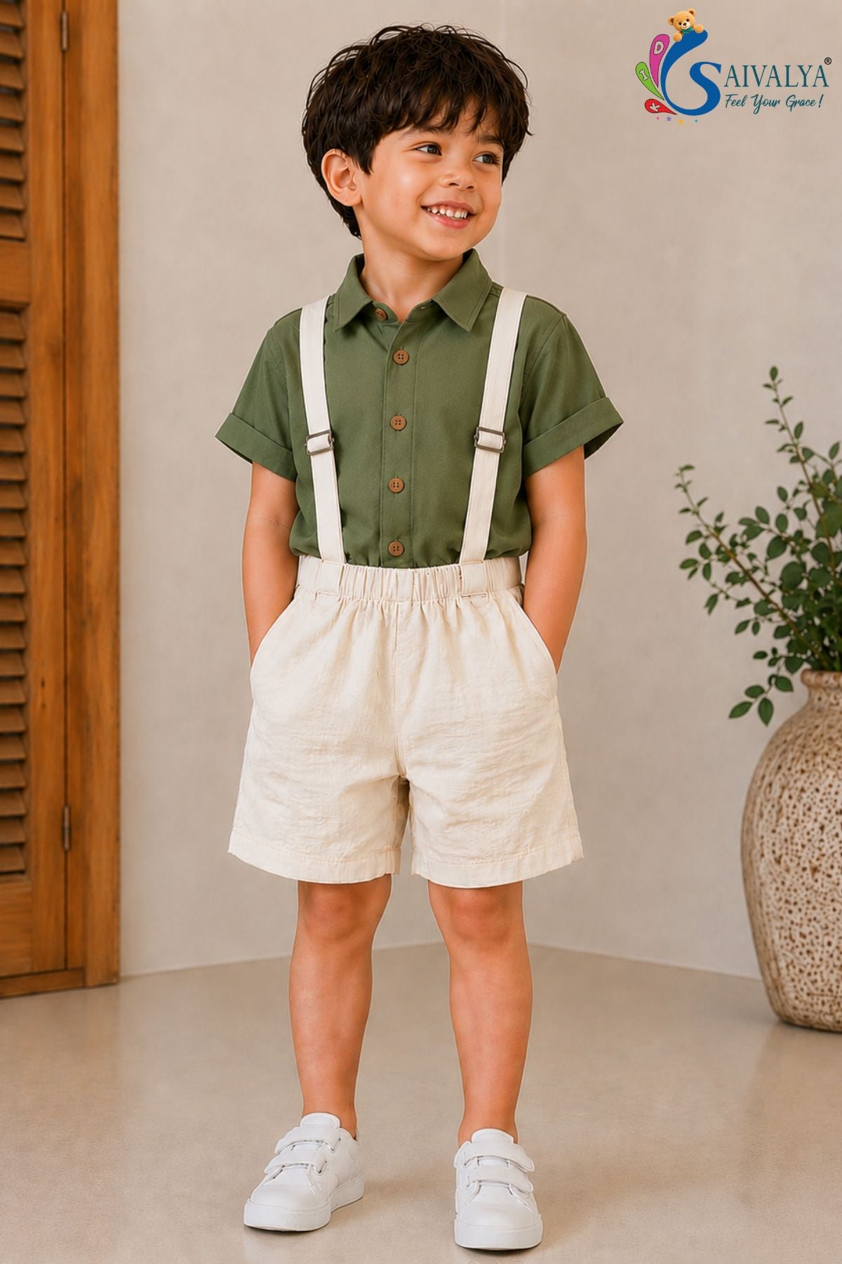 Military Olive Suspenders Cotton Set for Boys