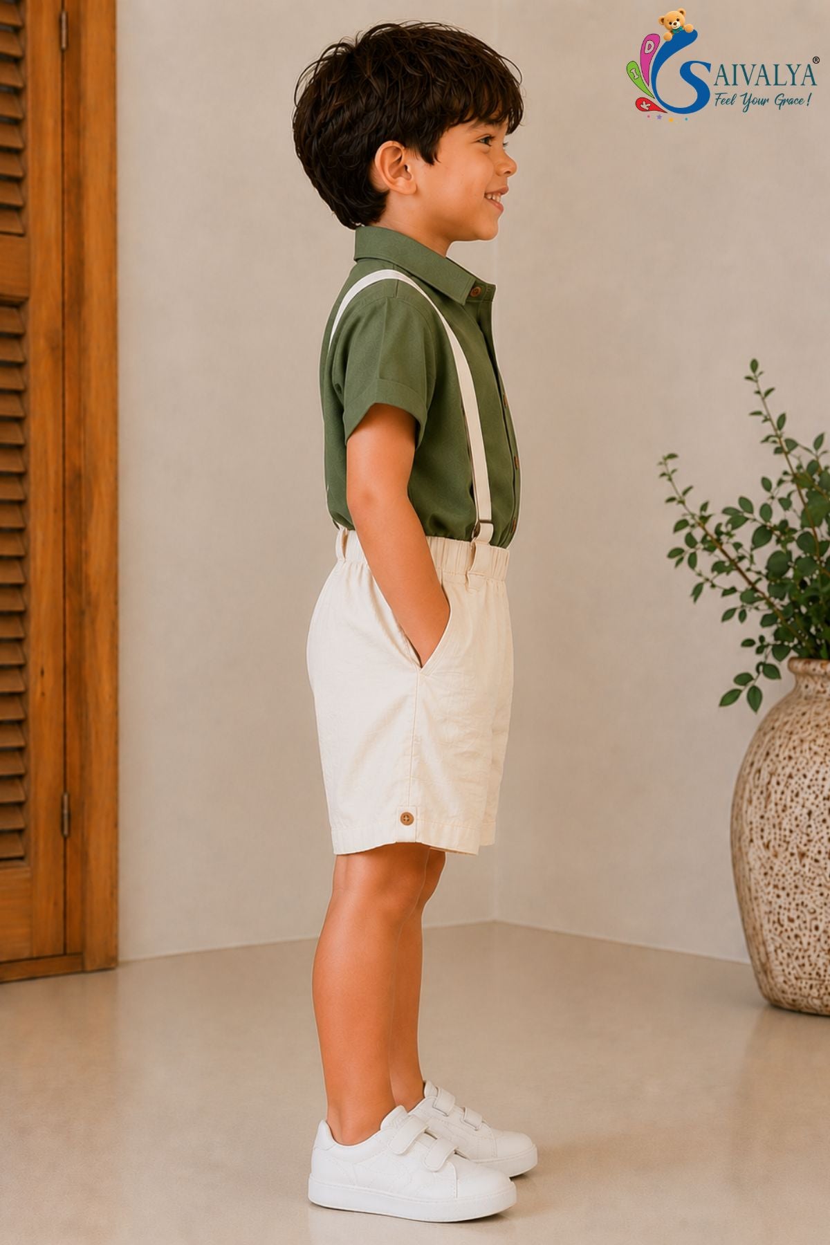 Military Olive Suspenders Cotton Set for Boys