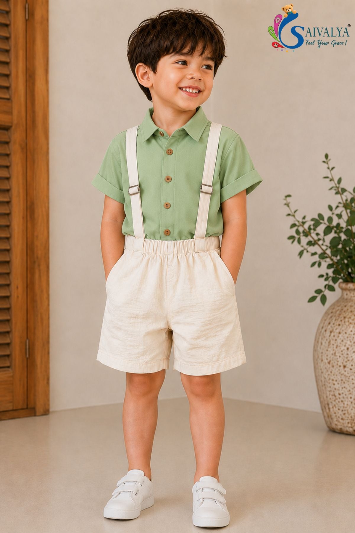 Pistachio Green Suspenders Cotton Set for Boys