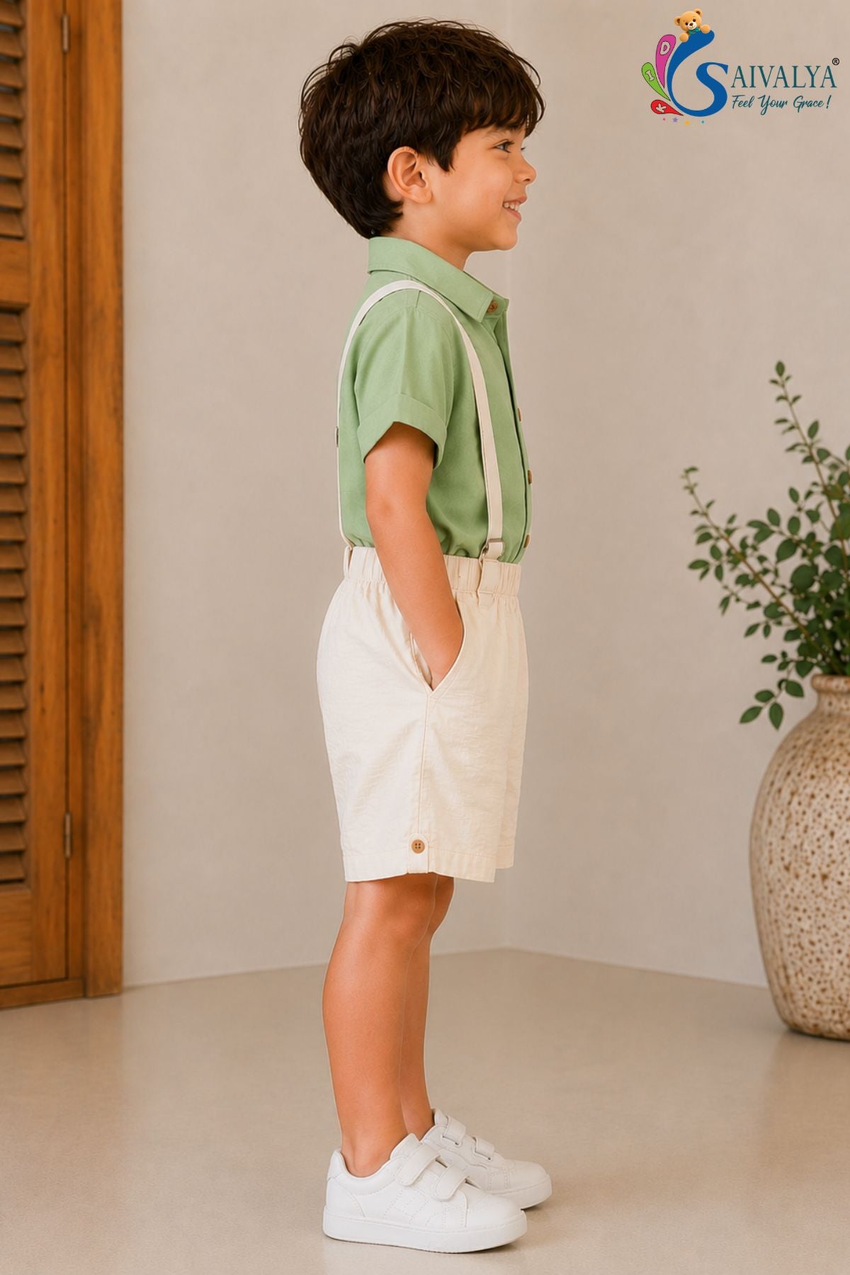 Pistachio Green Suspenders Cotton Set for Boys
