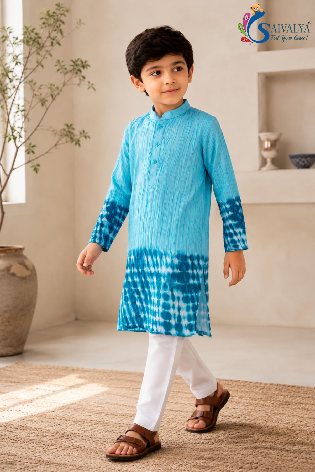 Sky Blue Tie-Dye Crush Kurta Set for Boys