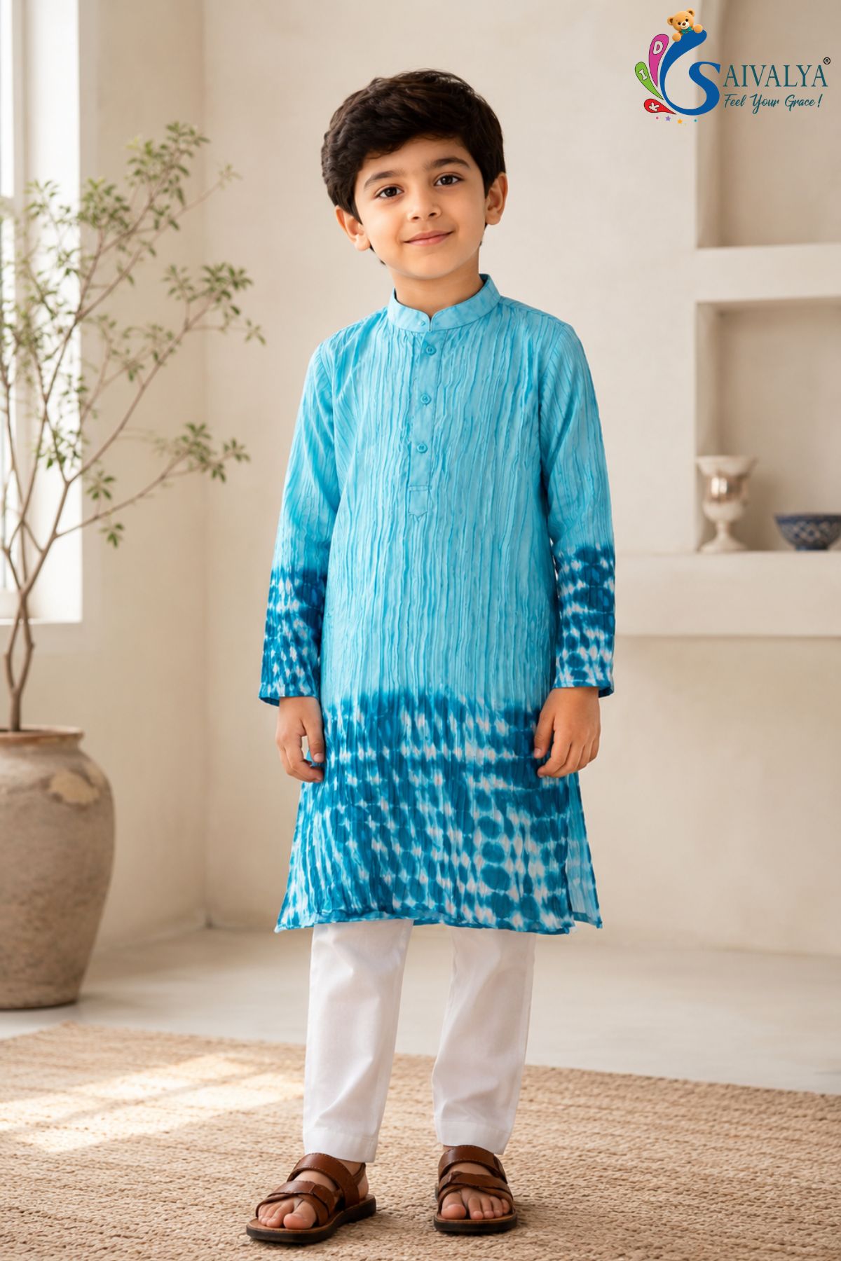 Sky Blue Tie-Dye Crush Kurta Set for Boys