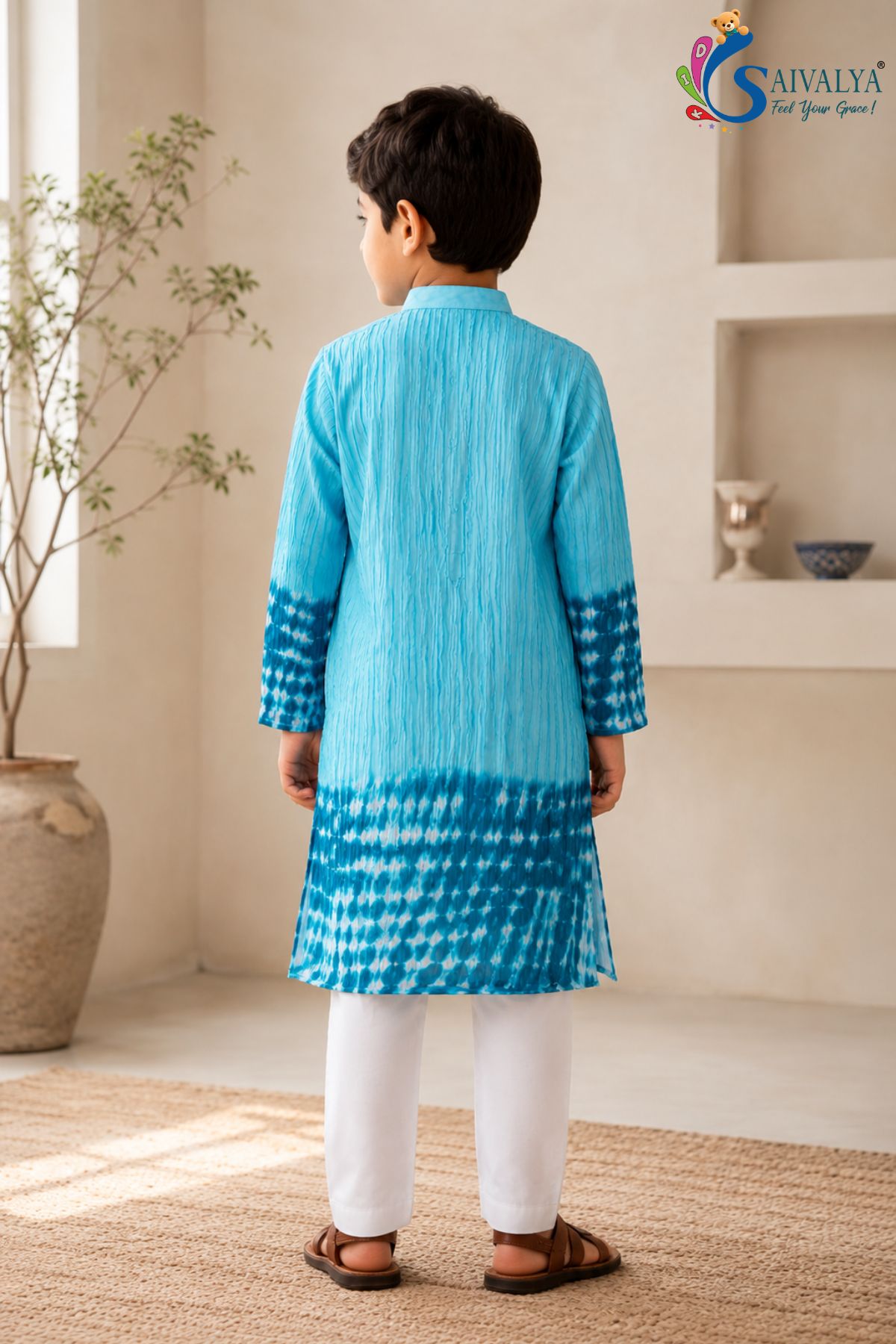 Sky Blue Tie-Dye Crush Kurta Set for Boys