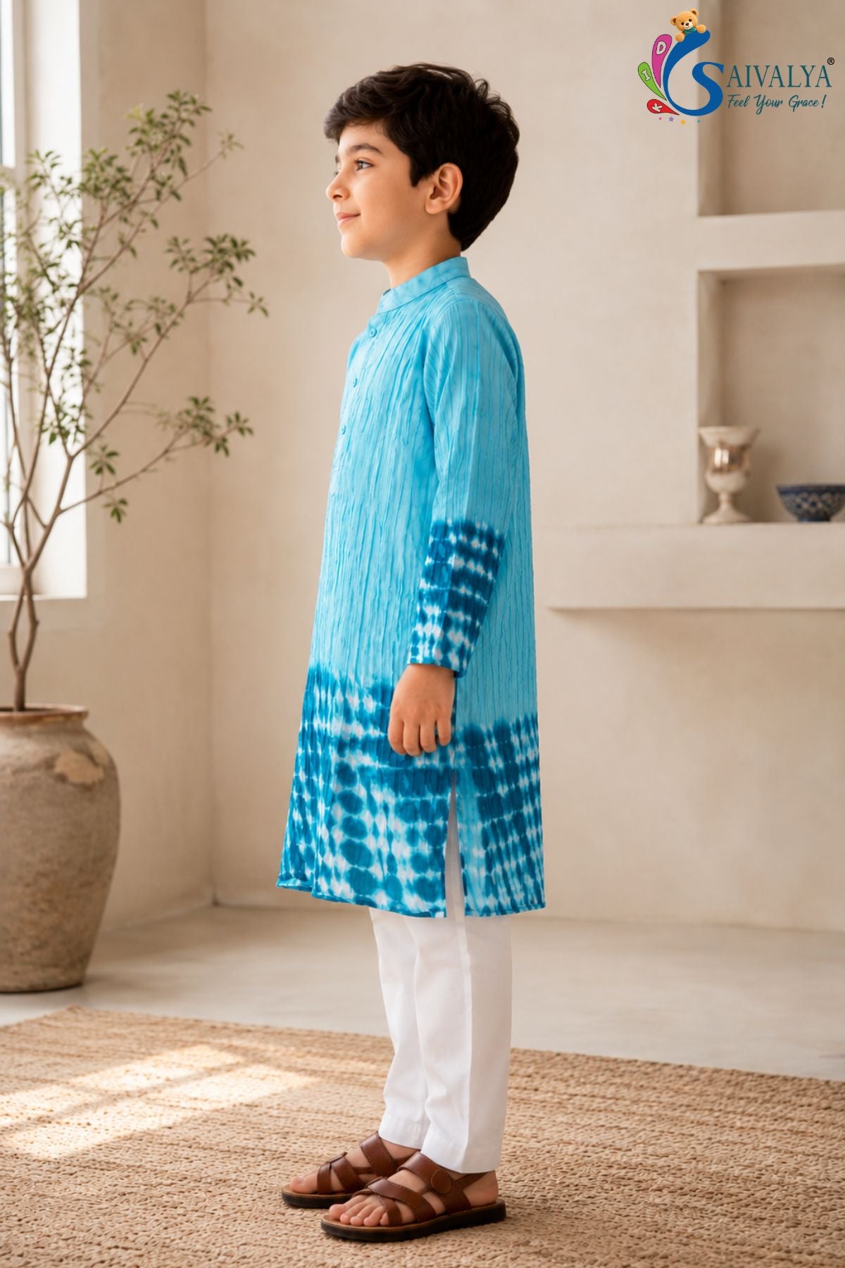 Sky Blue Tie-Dye Crush Kurta Set for Boys