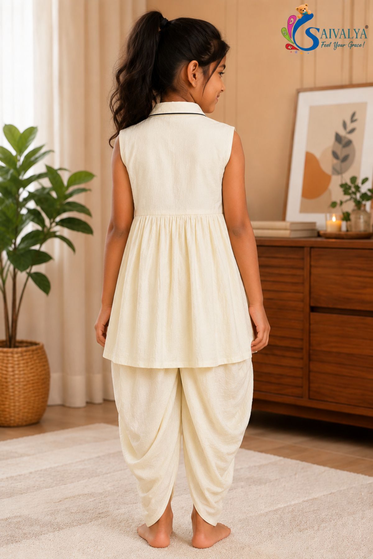 Glossy Off-White Slub Cotton Dhoti Frock Set for Girls