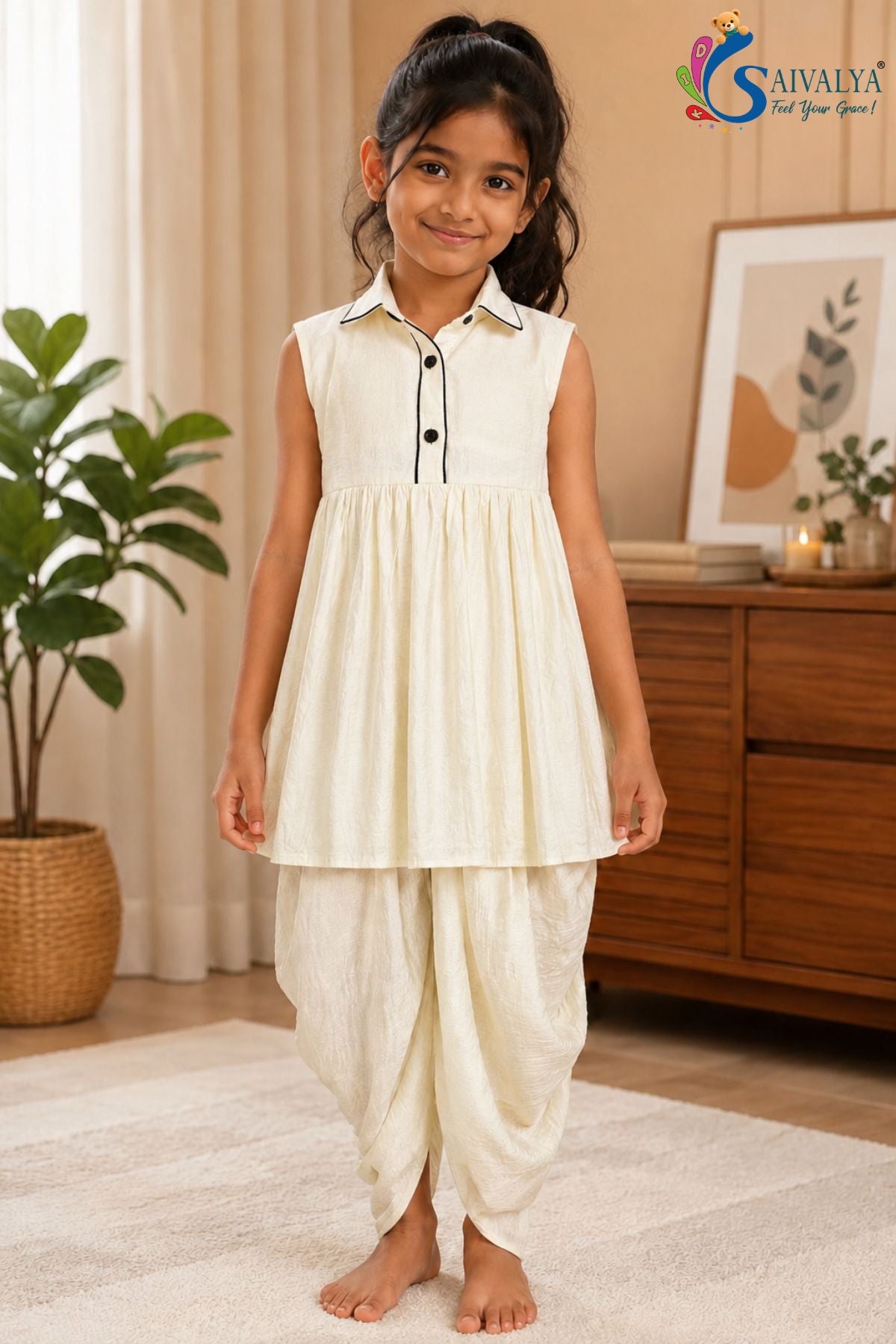 Glossy Off-White Slub Cotton Dhoti Frock Set for Girls