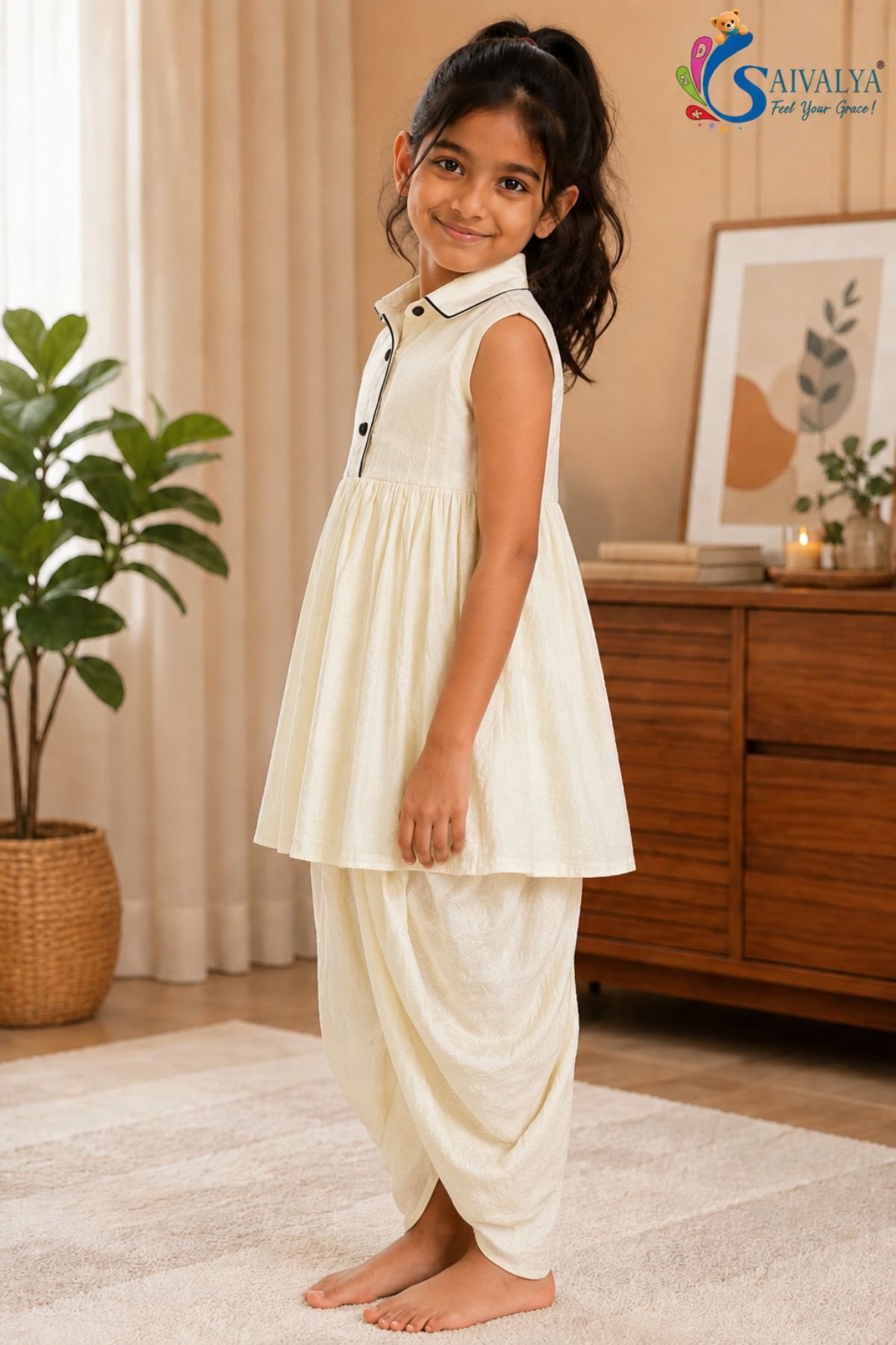 Glossy Off-White Slub Cotton Dhoti Frock Set for Girls