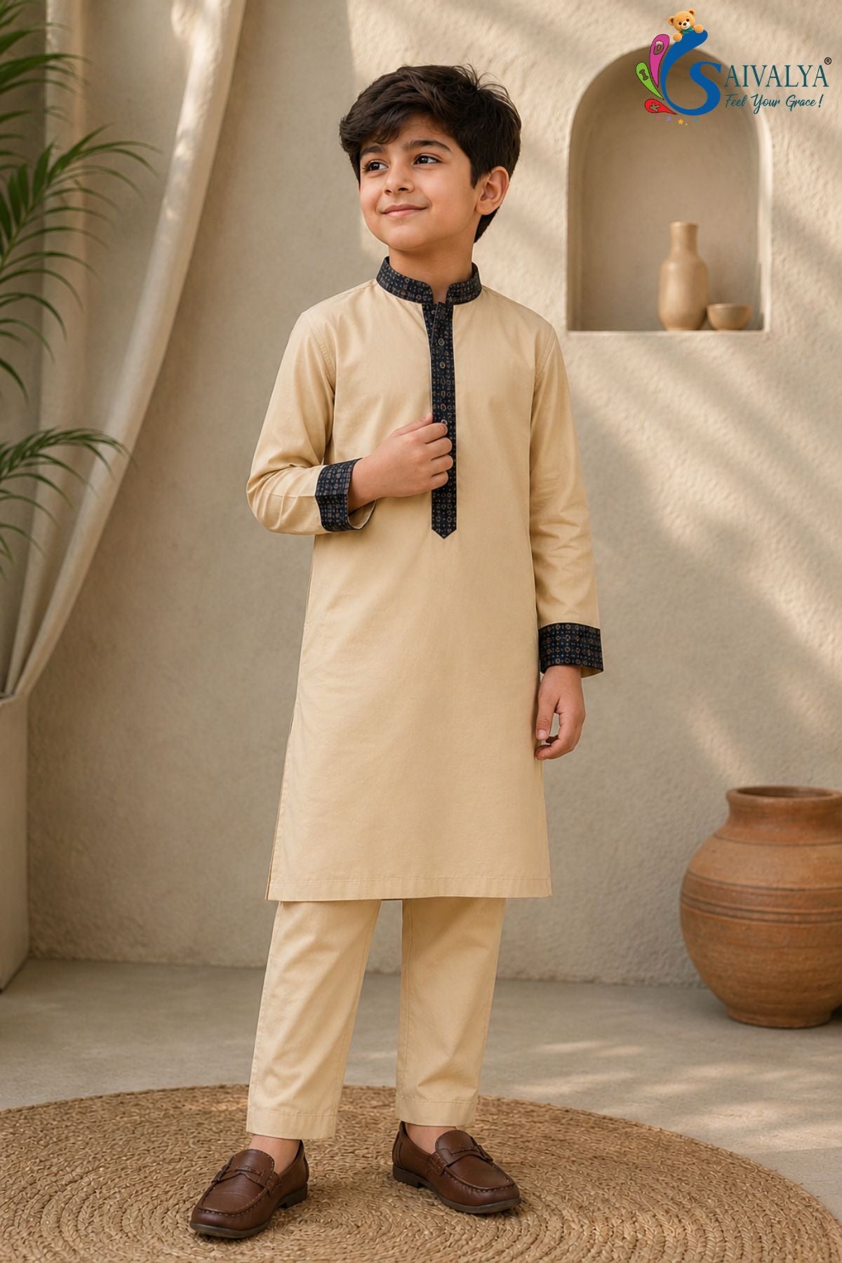 Beige Cotton Pathani Set for Boys