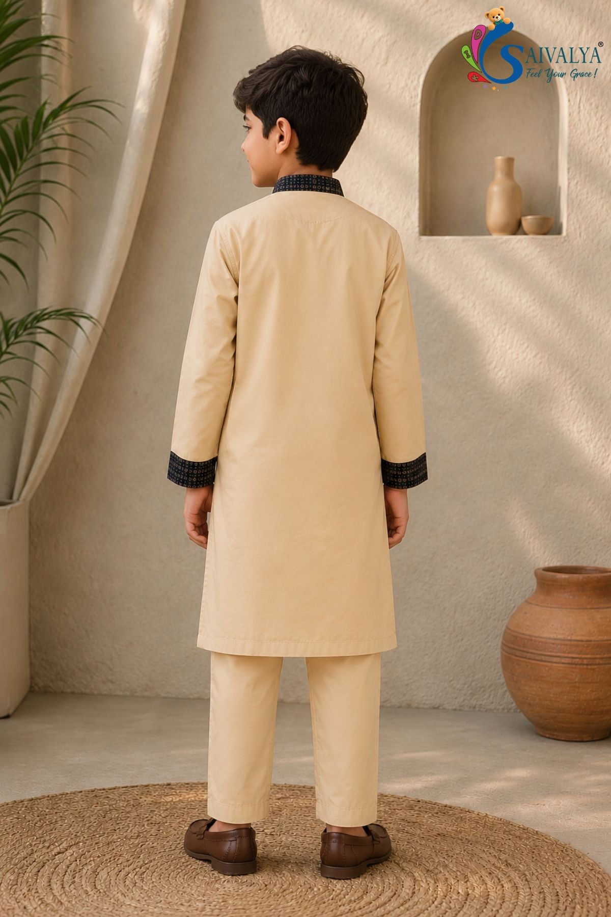 Beige Cotton Pathani Set for Boys