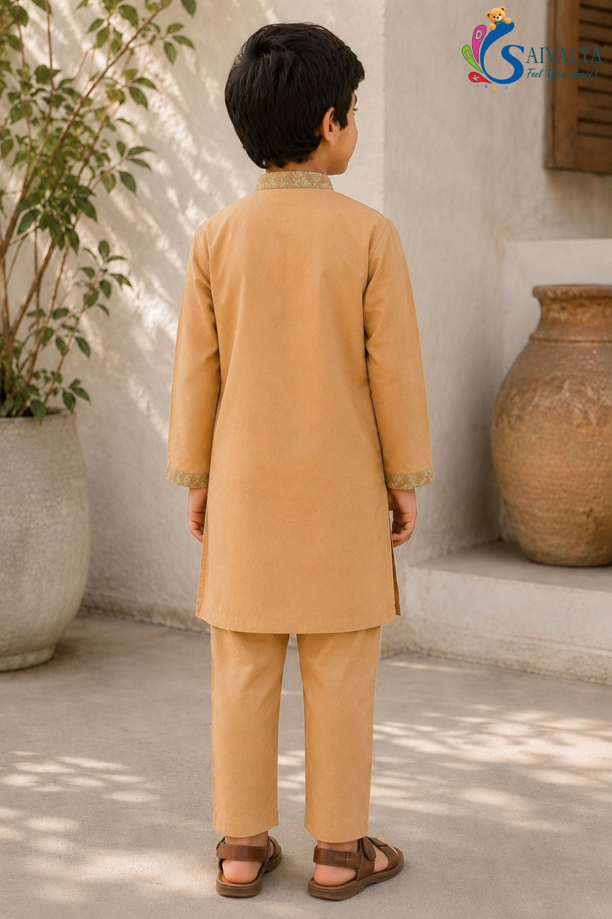 Ochre Cotton Patchwork Kurta Set for Boys