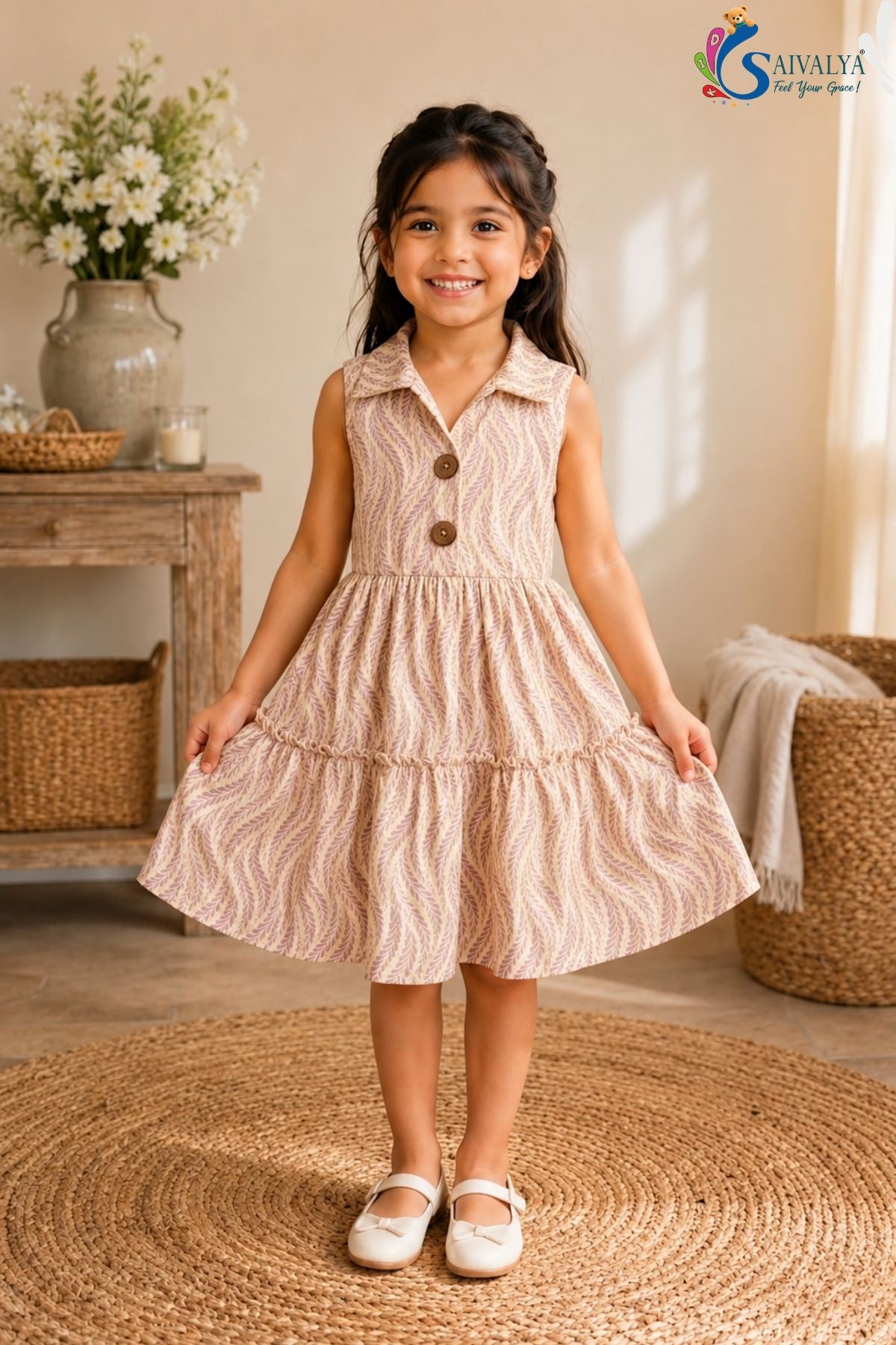 Wheat-Weave Mulmul Tiered Dress - Dusty Pink