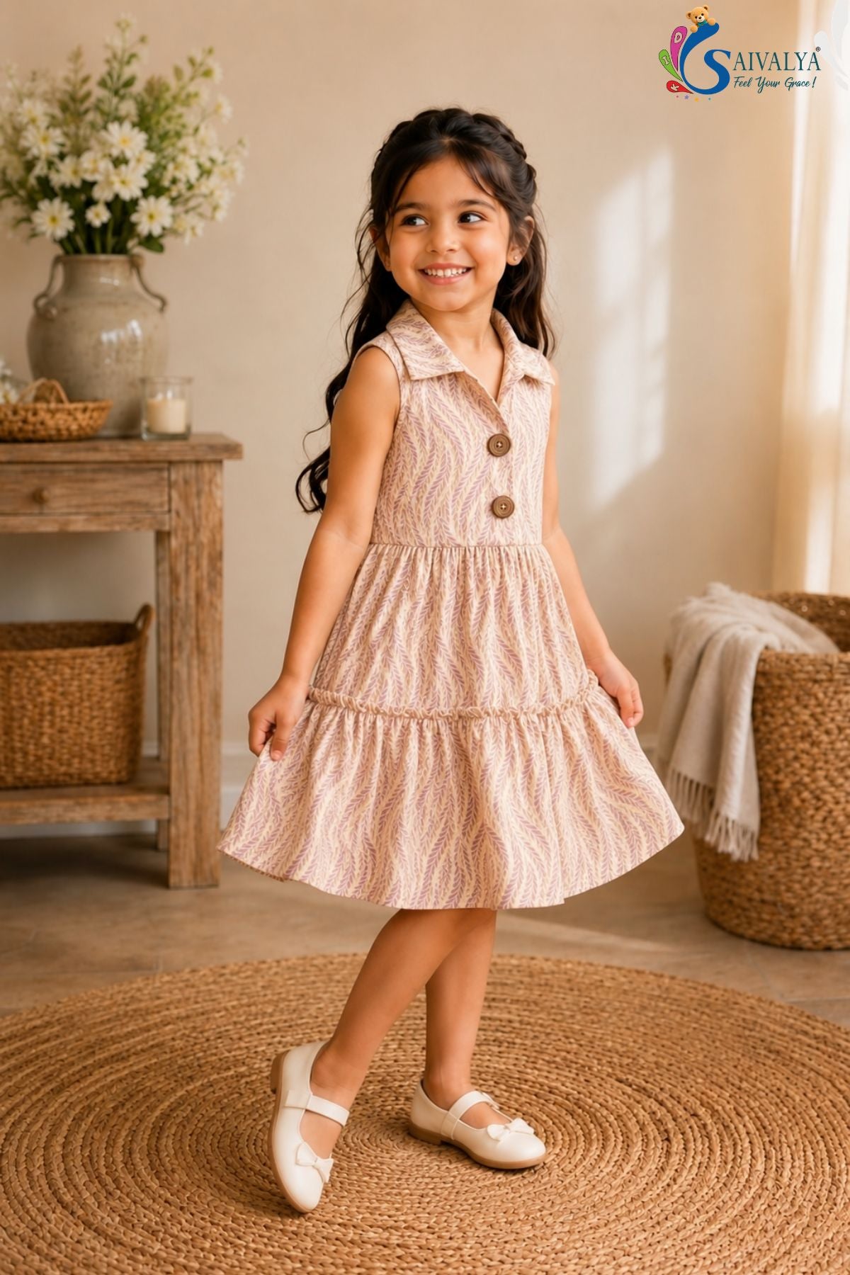 Wheat-Weave Mulmul Tiered Dress - Dusty Pink