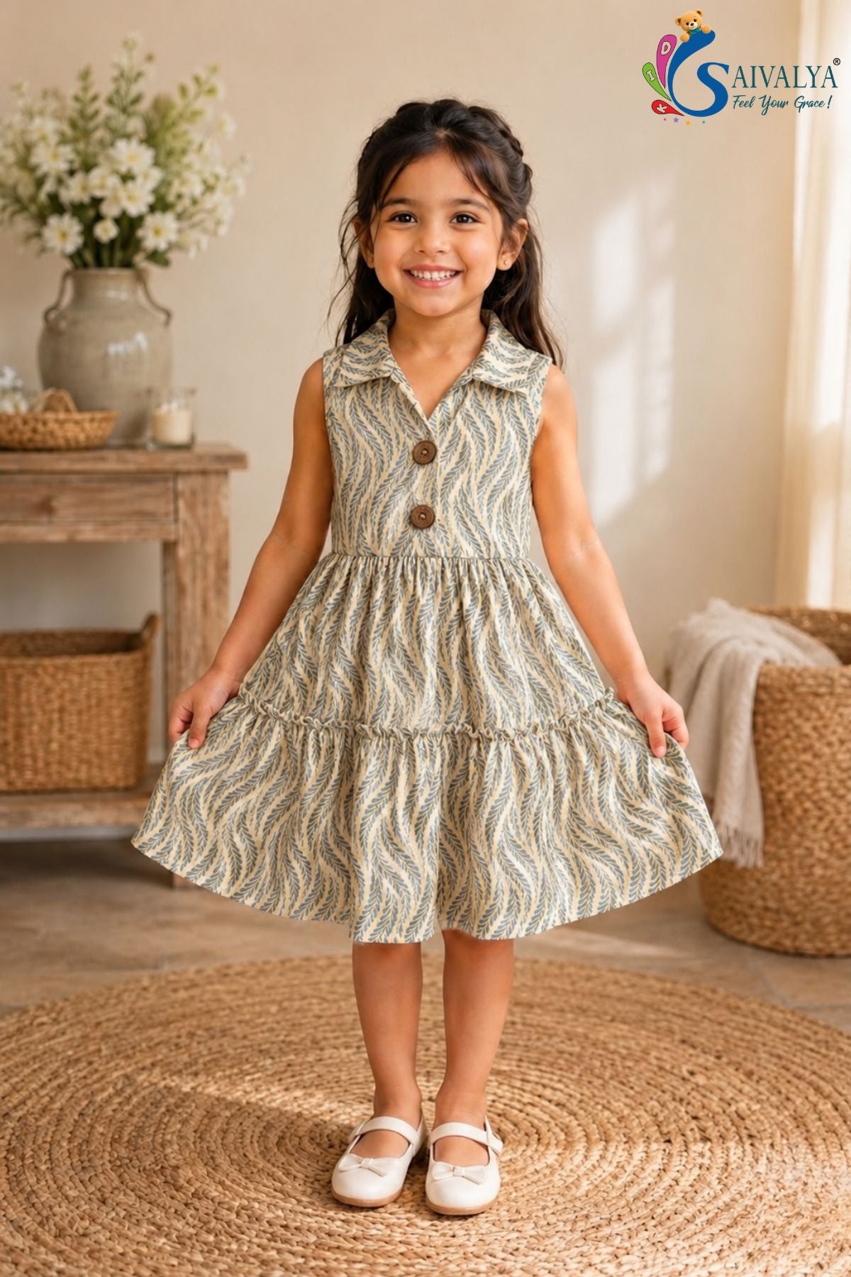 Wheat-Weave Mulmul Tiered Dress - Gray