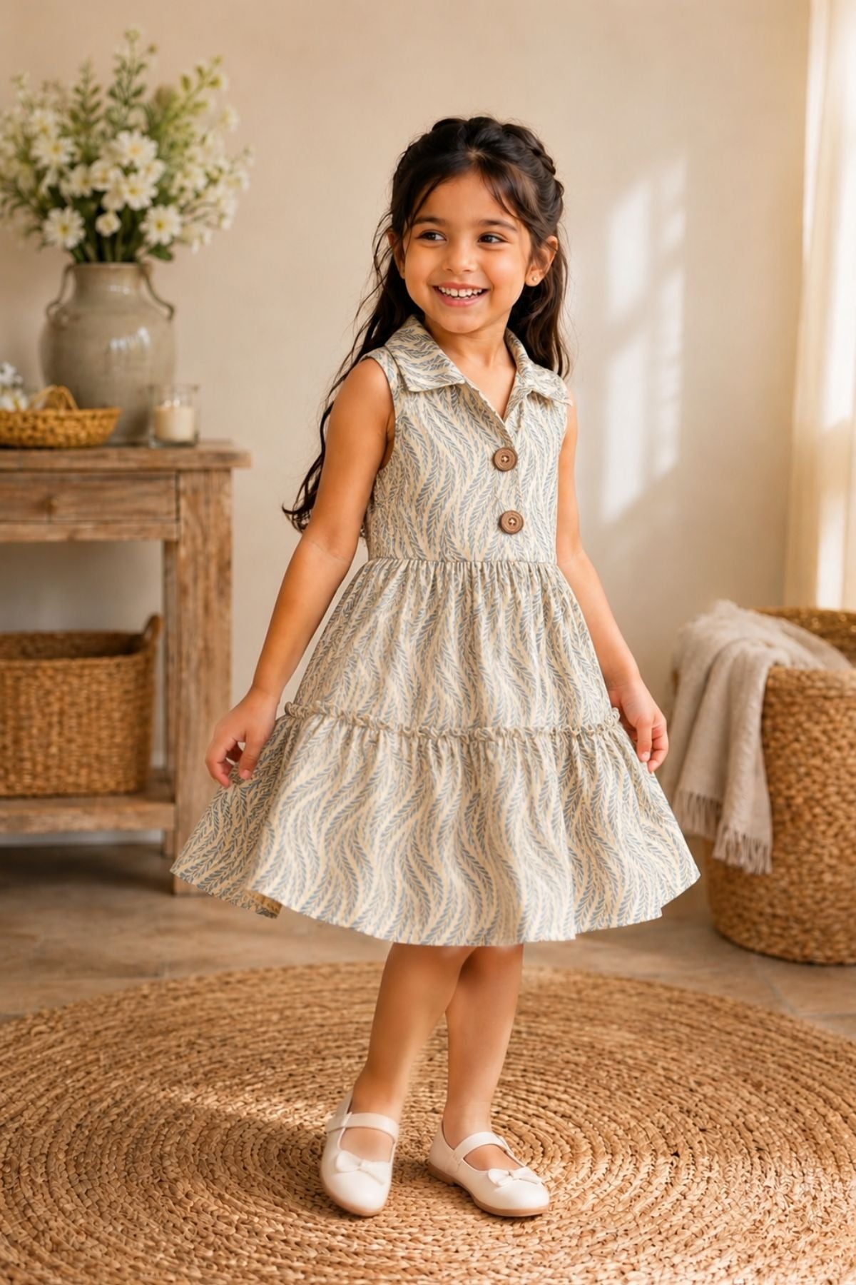 Wheat-Weave Mulmul Tiered Dress - Gray