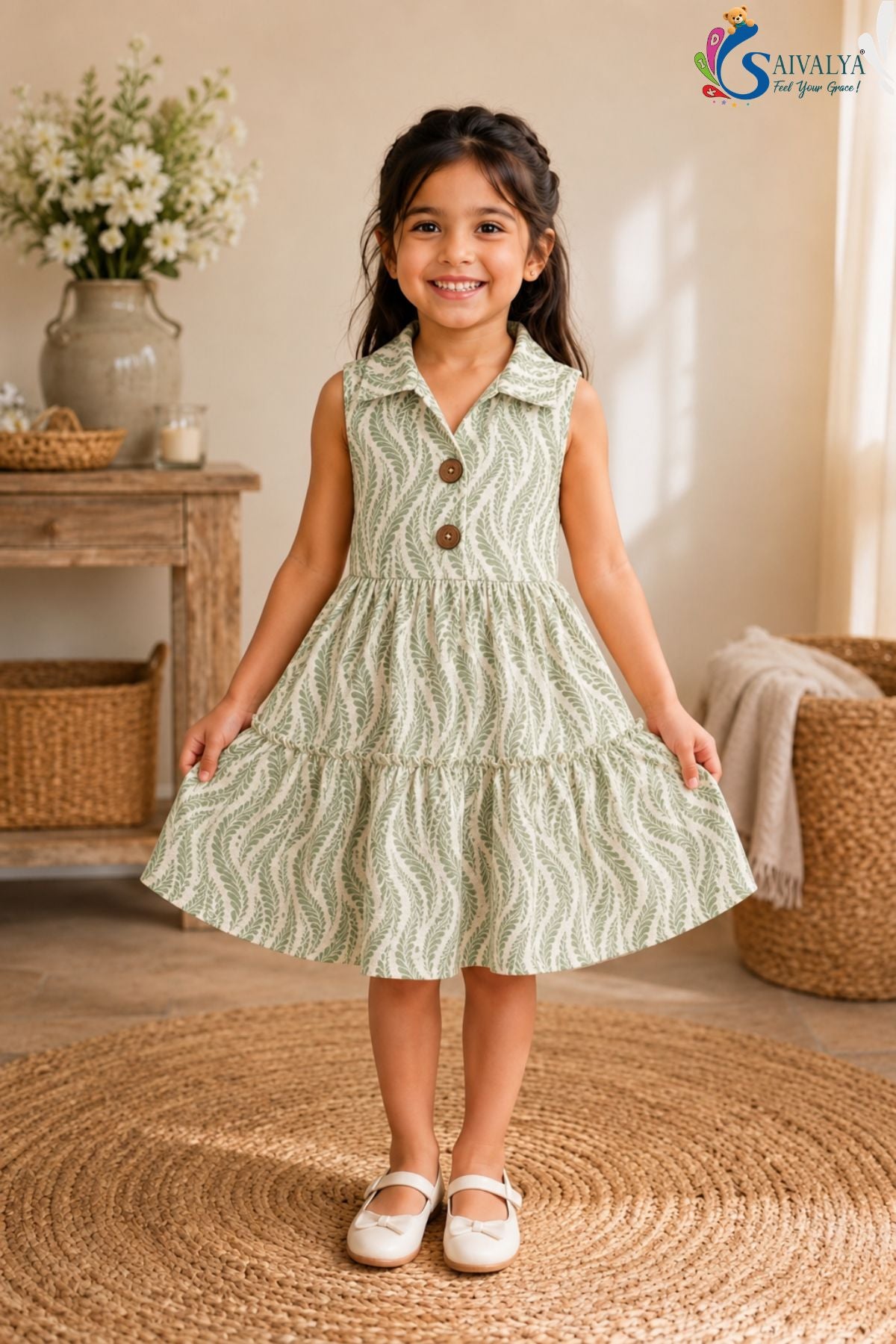 Wheat-Weave Mulmul Tiered Dress - Light Green
