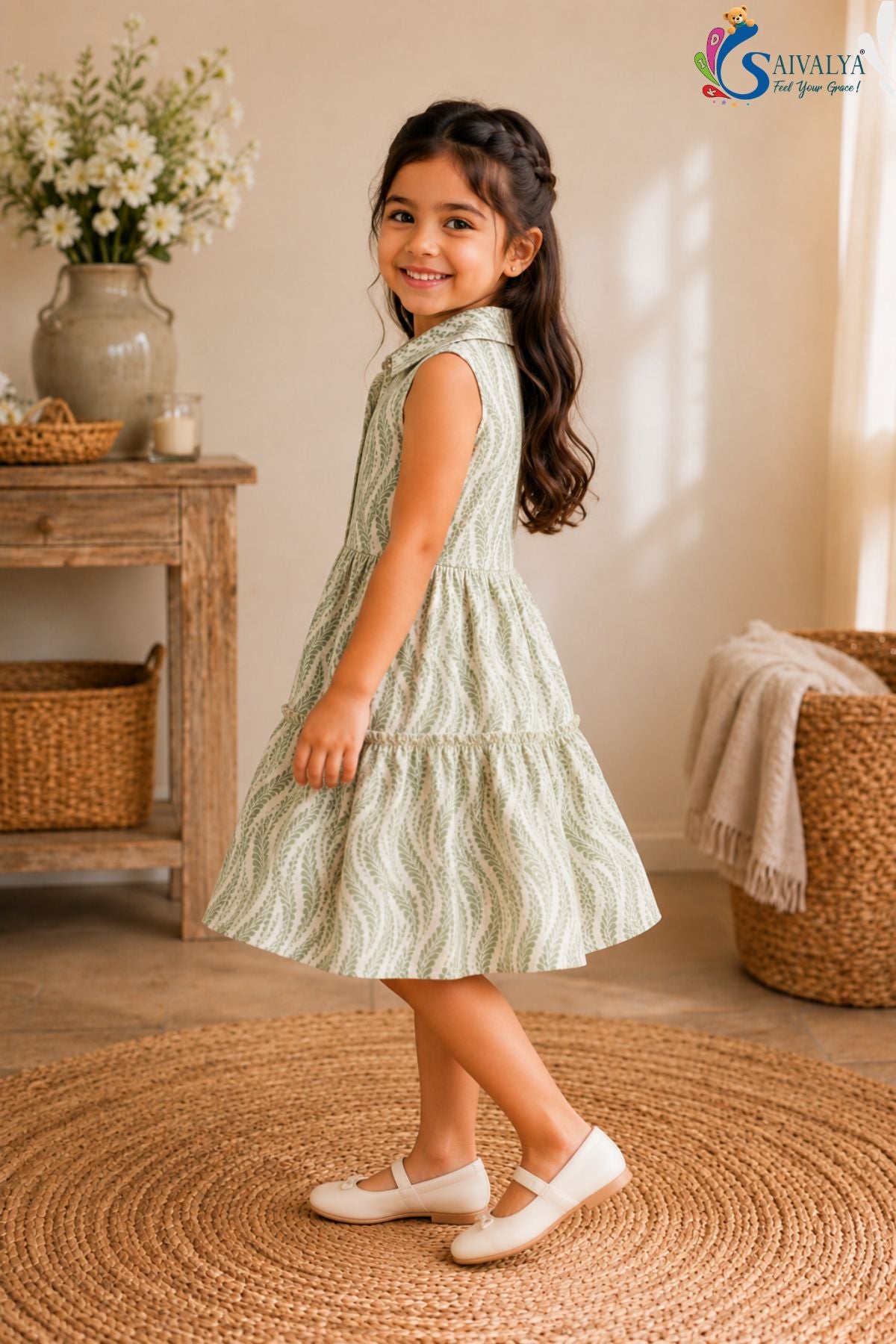 Wheat-Weave Mulmul Tiered Dress - Light Green