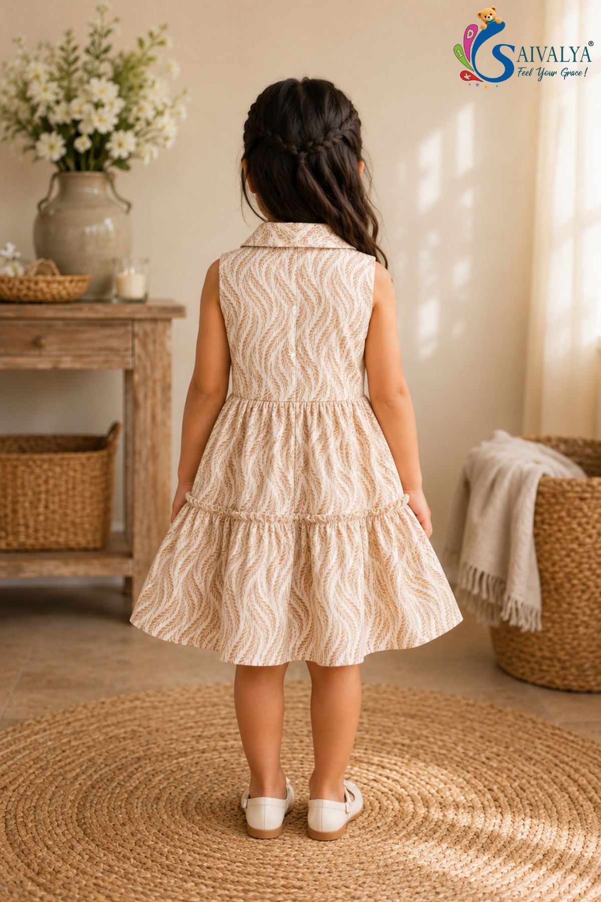 Wheat-Weave Mulmul Tiered Dress - Light Brown