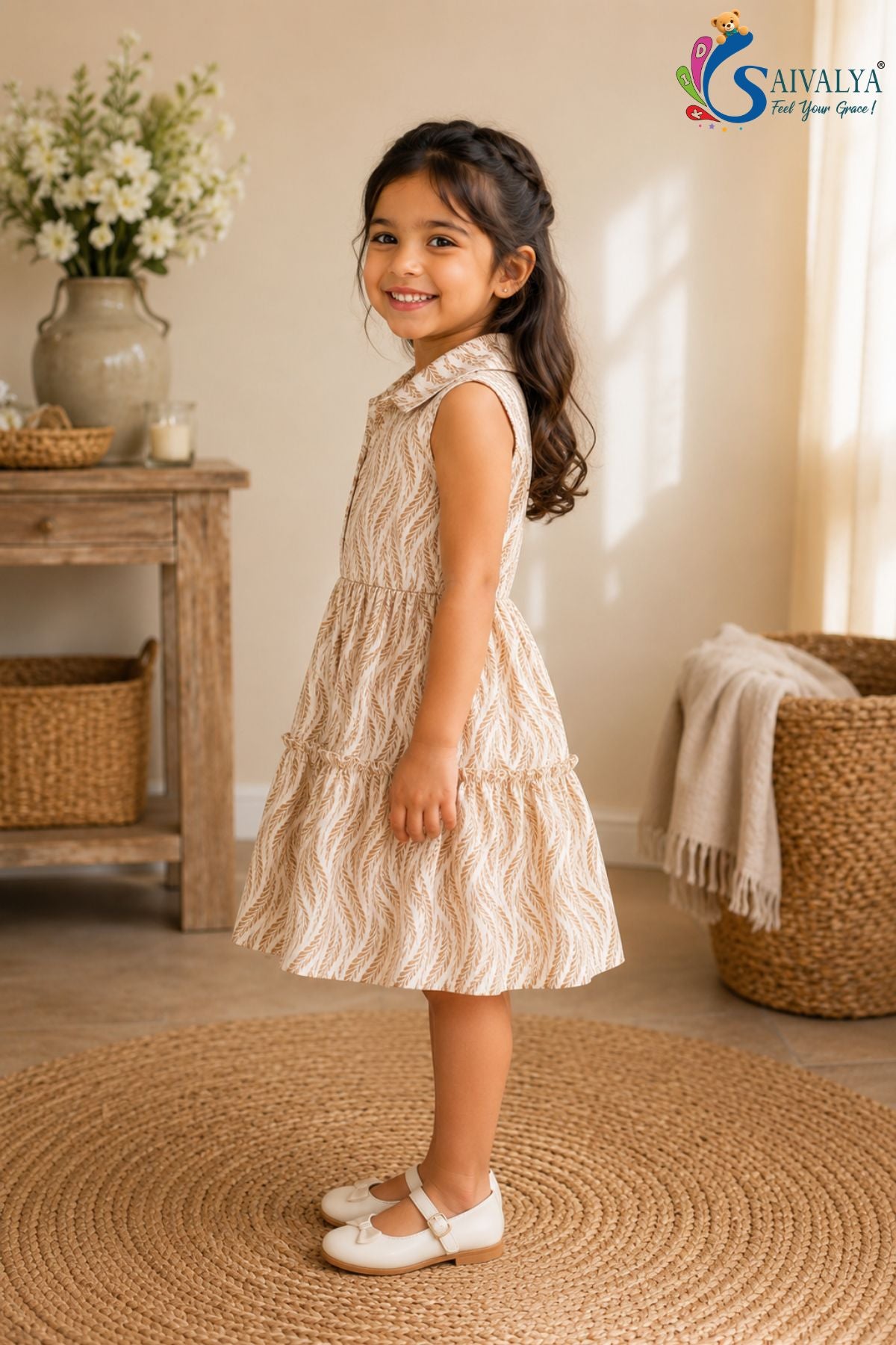 Wheat-Weave Mulmul Tiered Dress - Light Brown