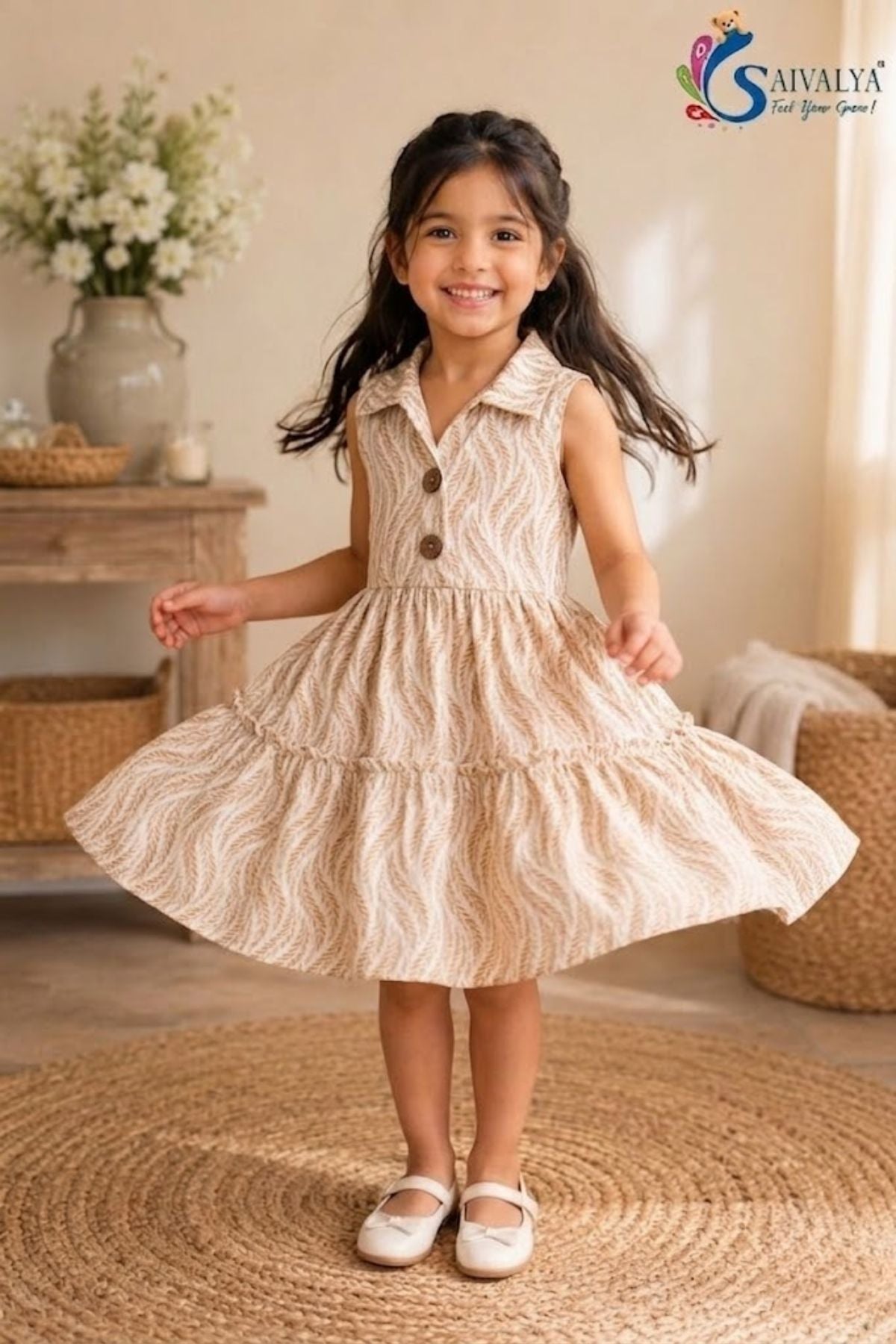 Wheat-Weave Mulmul Tiered Dress - Light Brown