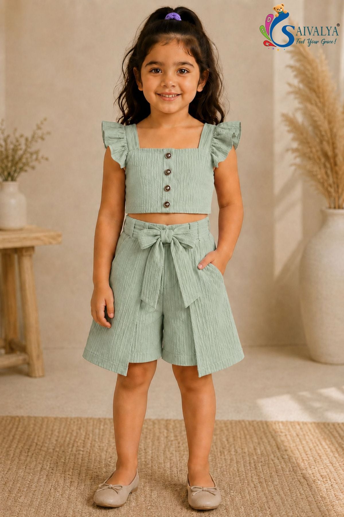 Pastel Sage Green - Flutter Bloom Textured Co-Ord Set for Girls