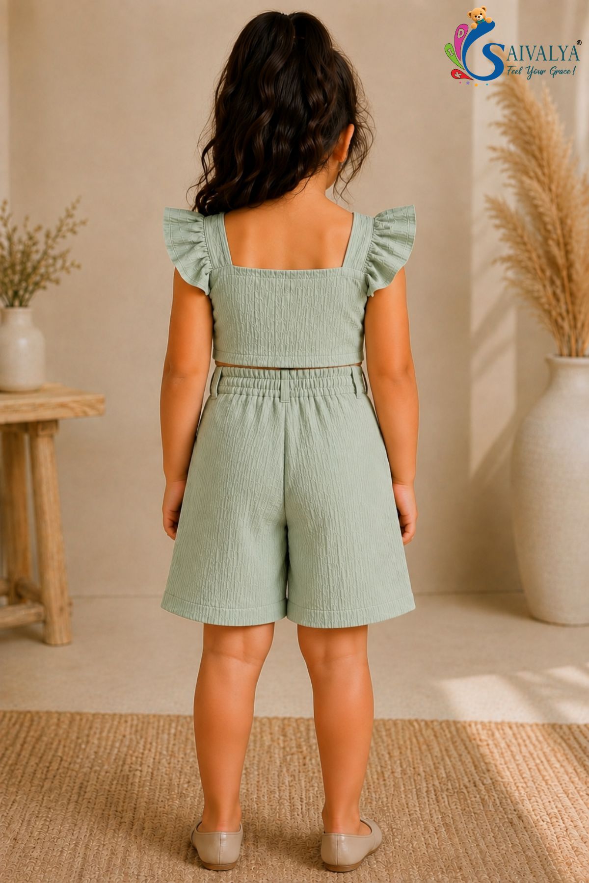 Pastel Sage Green - Flutter Bloom Textured Co-Ord Set for Girls